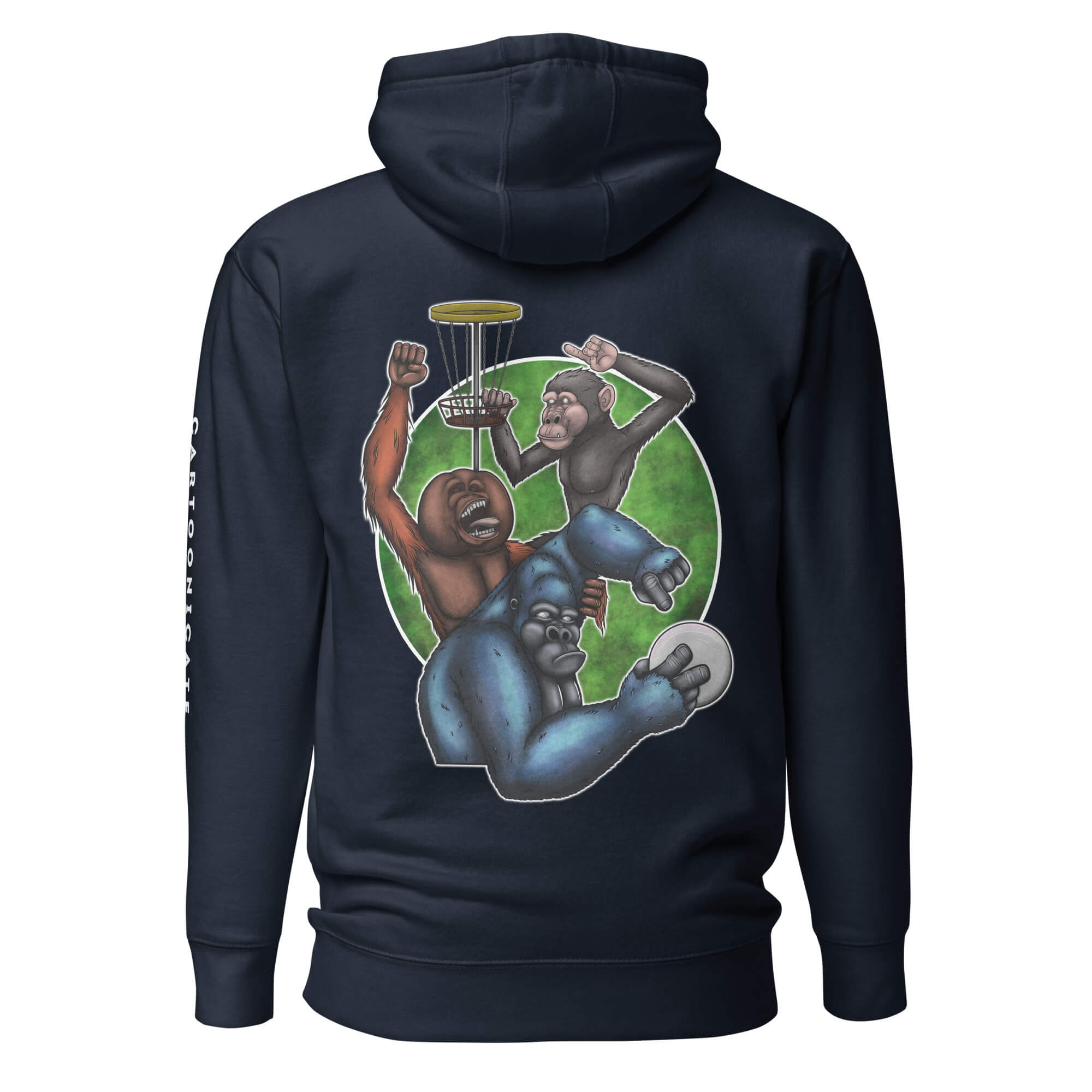 Marineblå hettegenser med disc golf tegning i cartoon stil