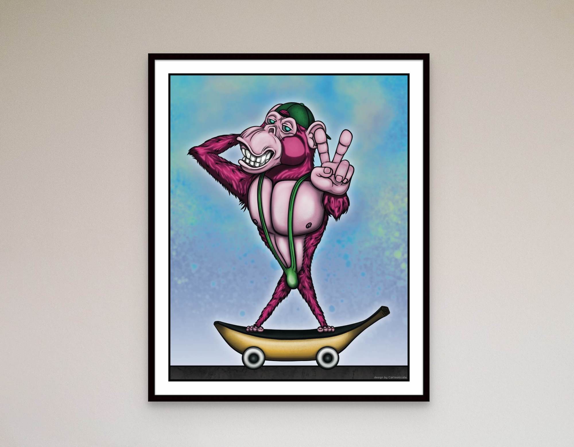 Interiørposter med kult skate design, ape på skateboard tegning, plakat