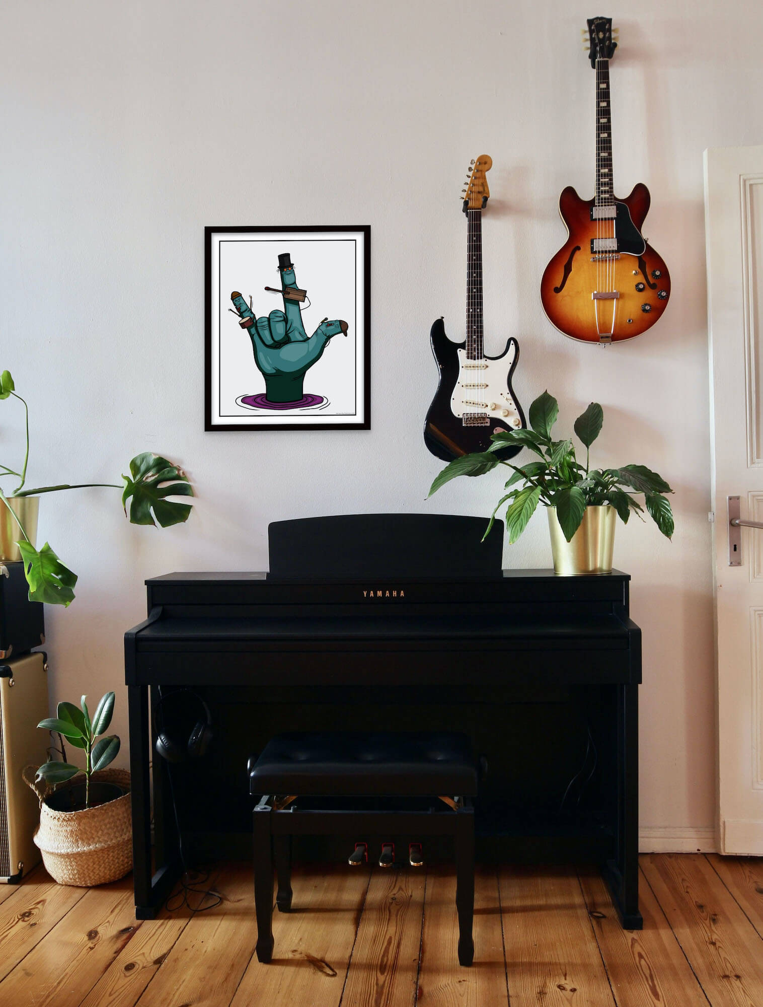 Interiørposter med tegning av en hånd i rock stil, plakat