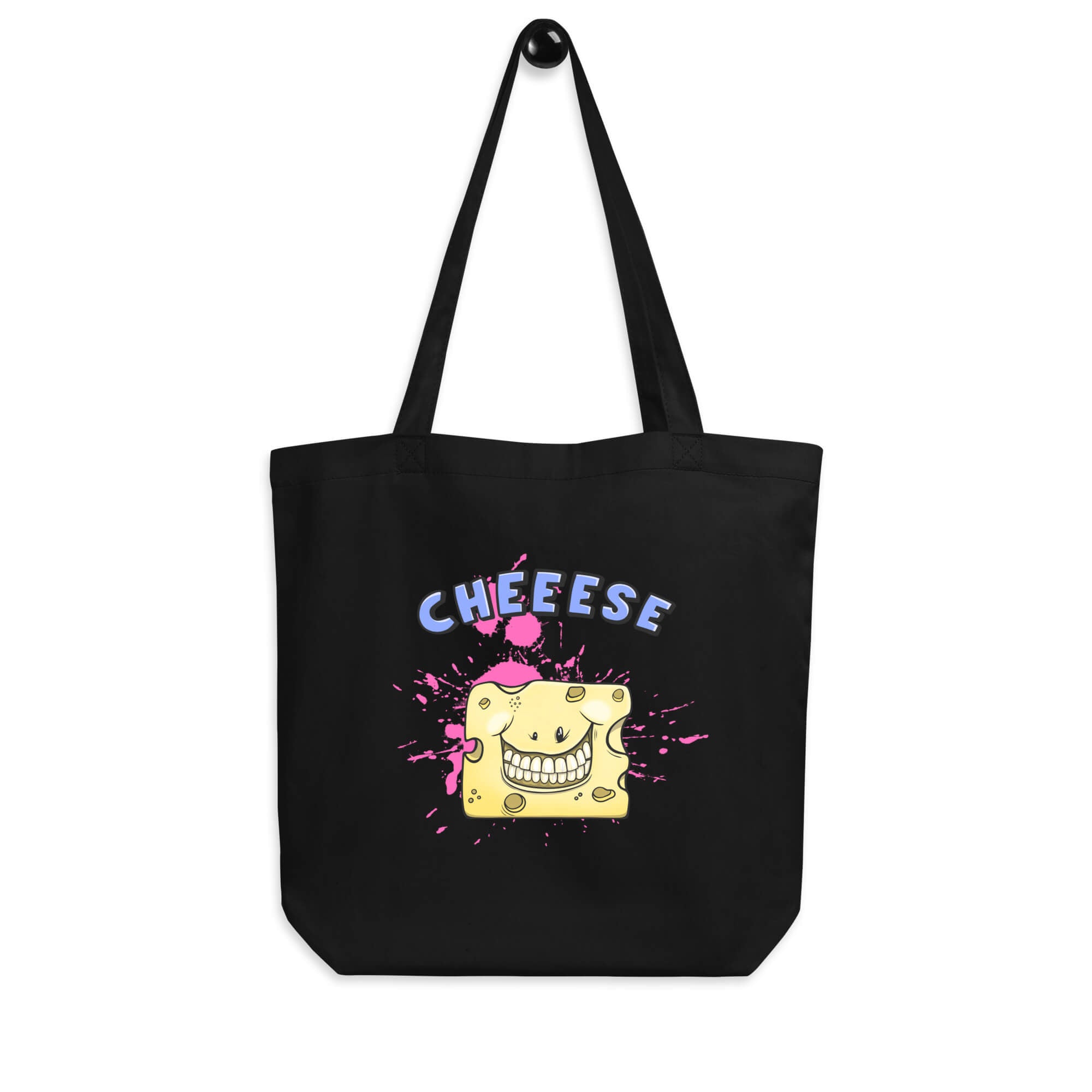 Kul tegning av en smilende ost på sort bærenett, cheese