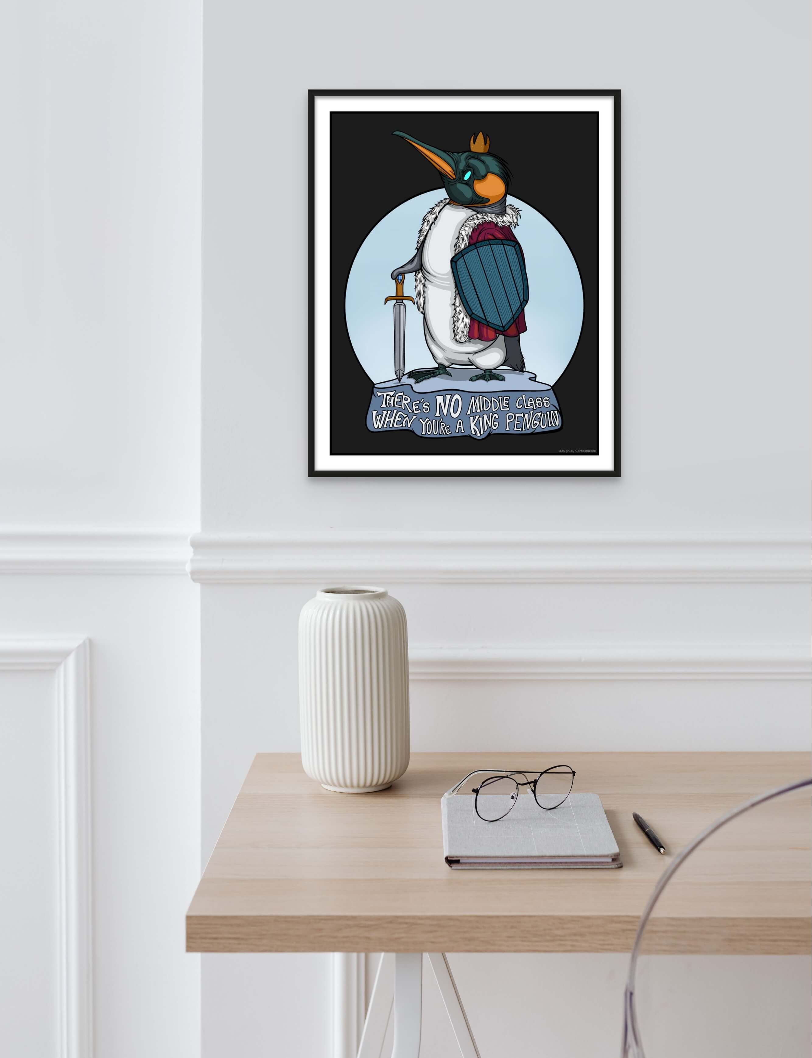 Håndtegnet kongepingvin i cartoon stil på interiør poster