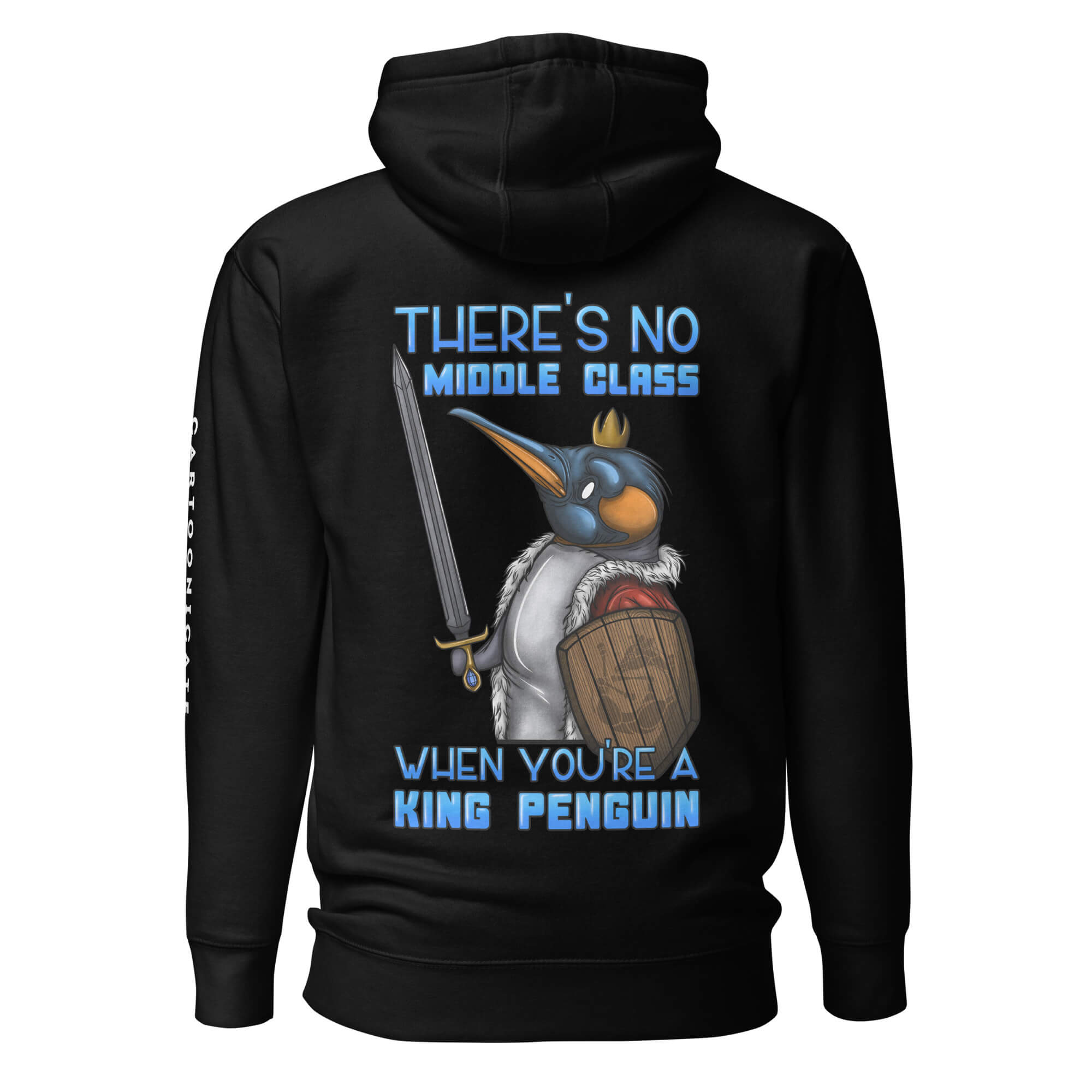 Sort hettegenser med morsom tegning og vits om kongepingvin og middelklasse