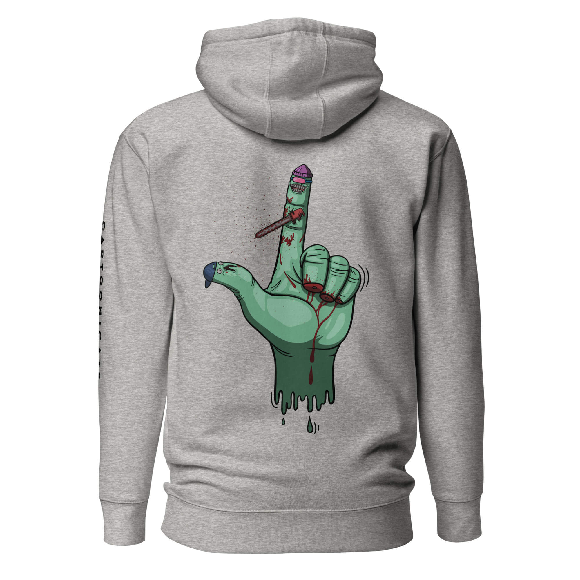 Grå hettegenser med blodig finger i cartoonstil