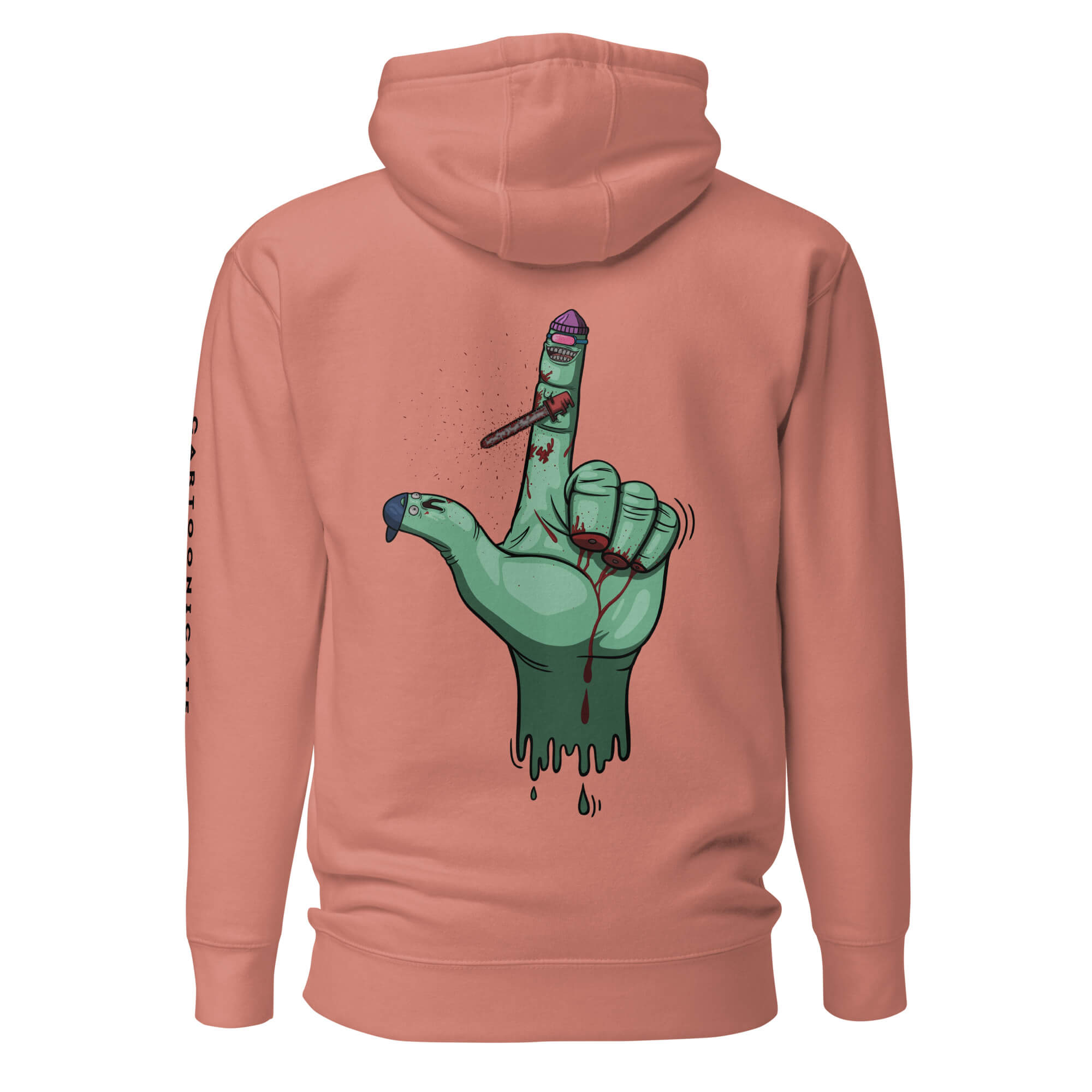 Rosa hettegenser med skummel finger i Halloween stil