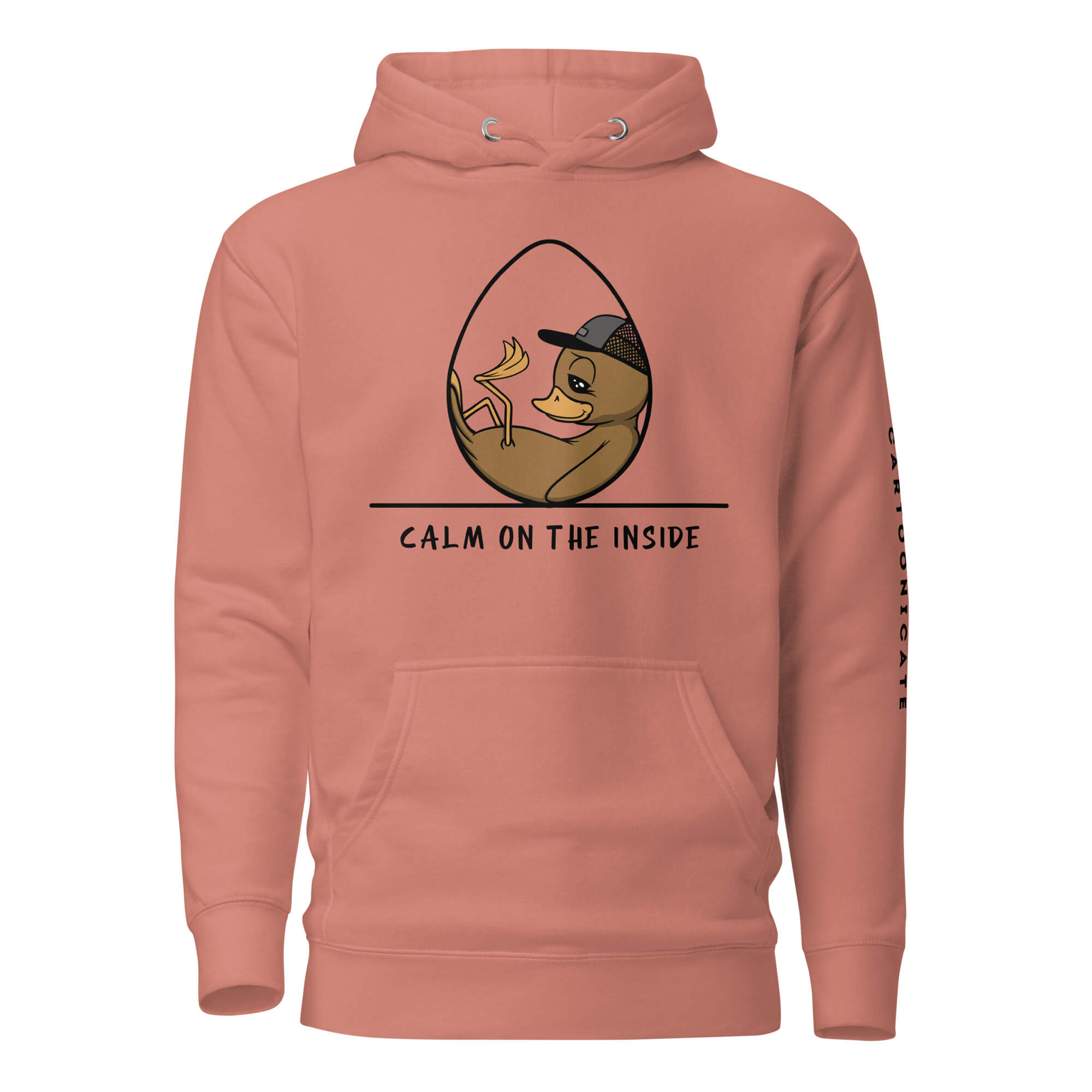 Rosa hettegenser med cartoon andunge i et egg