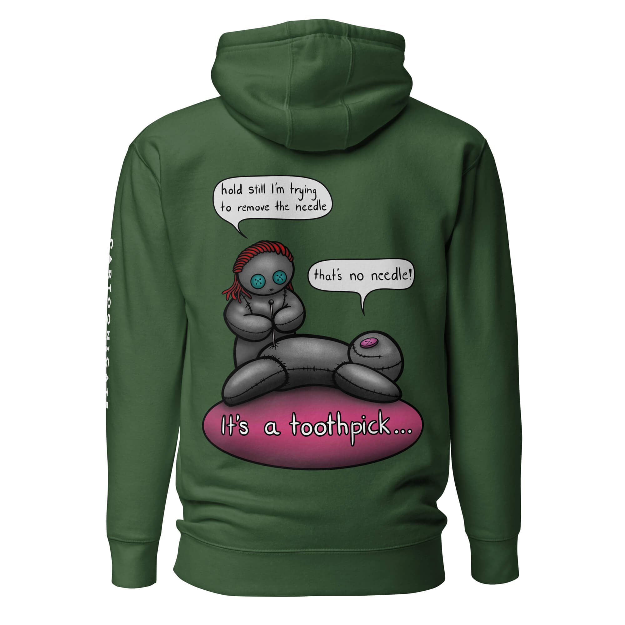 Håndtegnet voodoo design i cartoon stil på grønn hettegenser