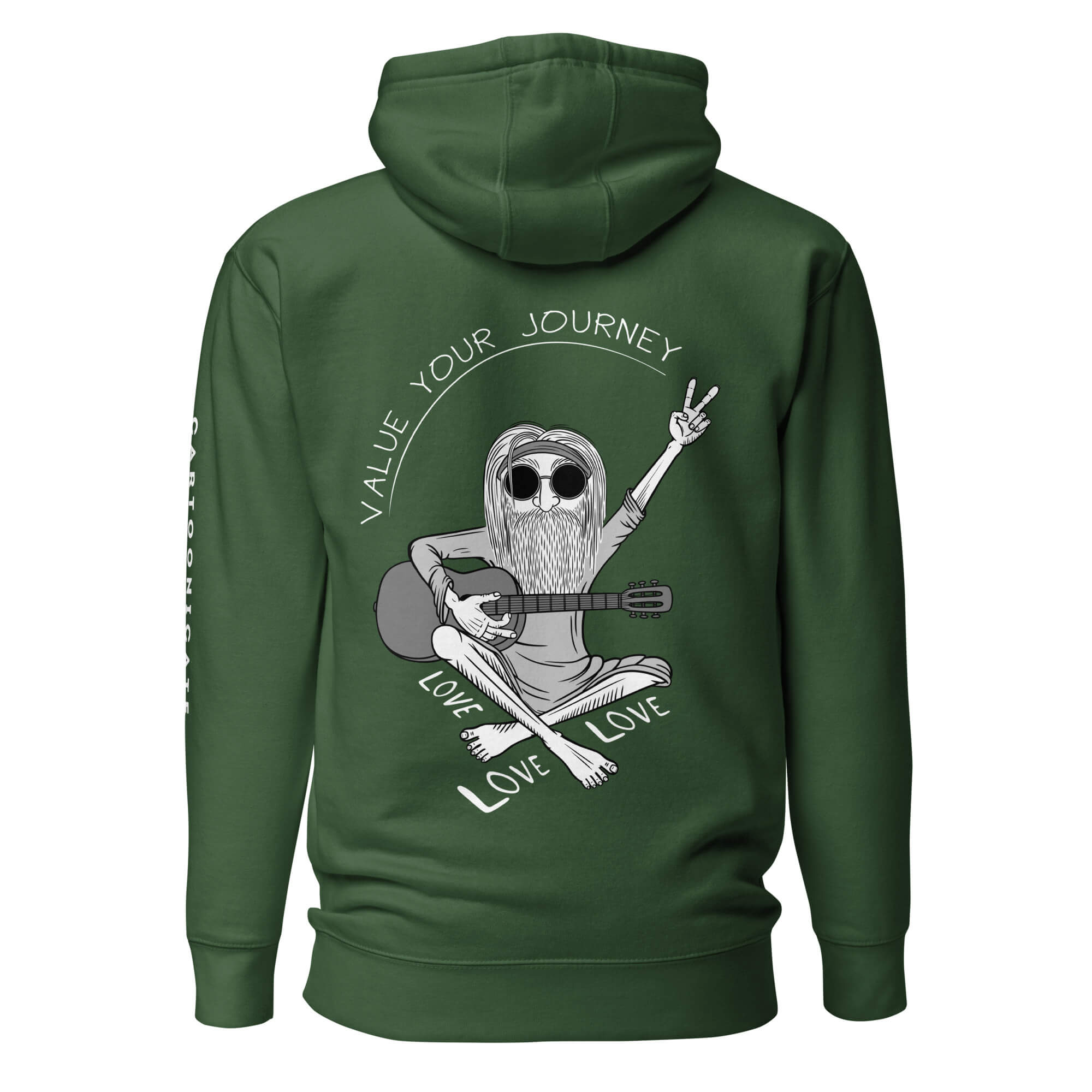 Grønn genser med hippie design i cartoon stil