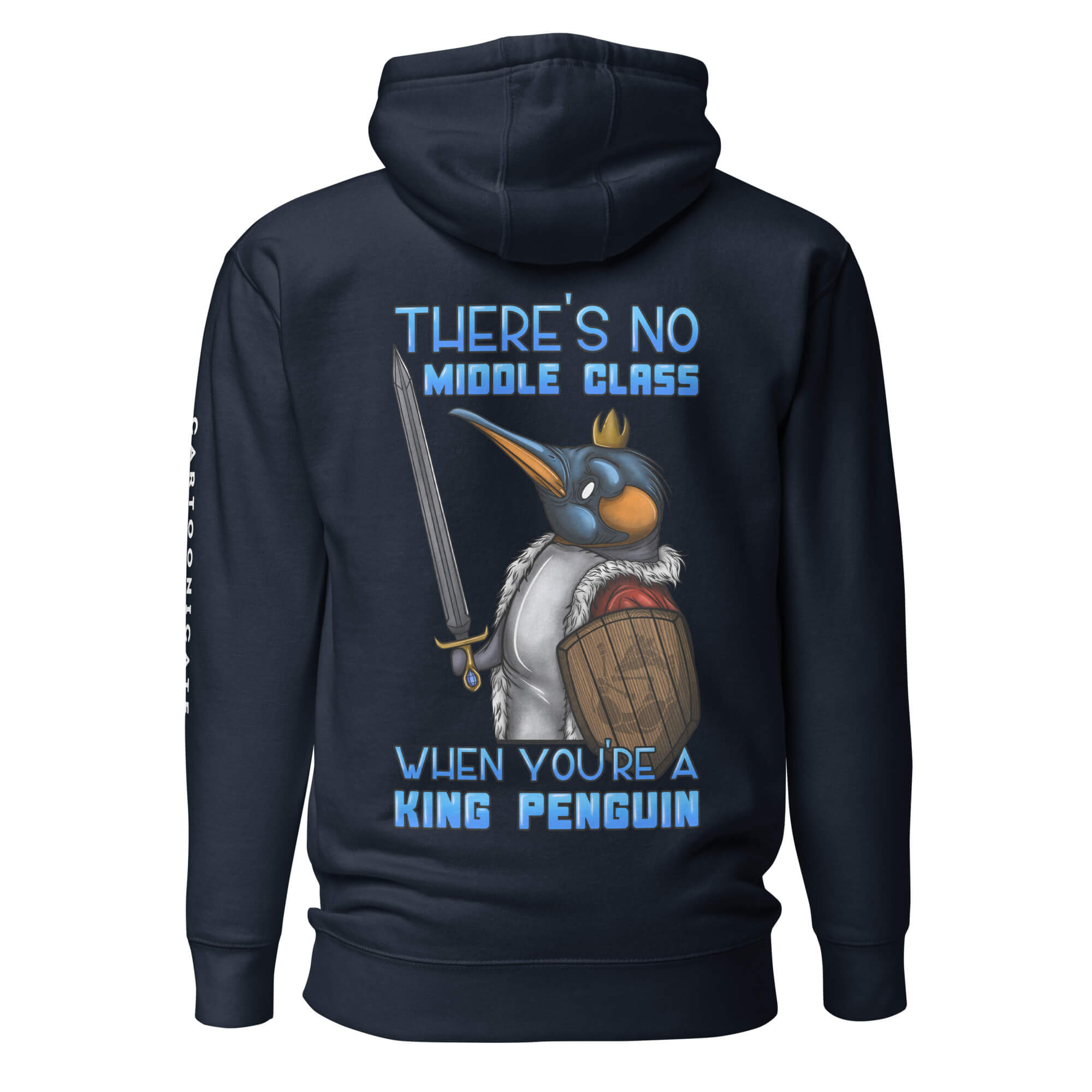 Marineblå hettegenser med morsom pingvintegning i cartoon stil