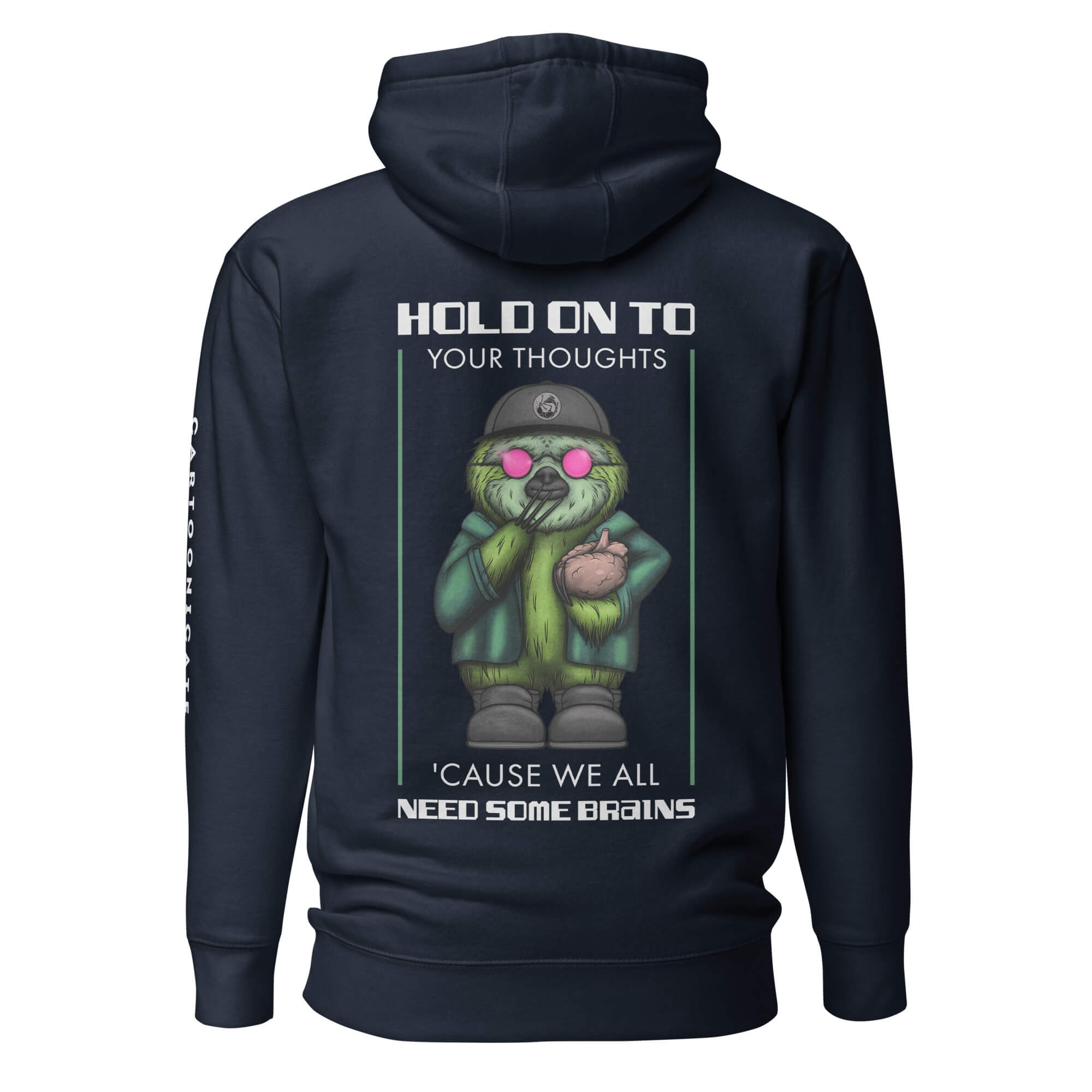 Marineblå hettegenser med et dovendyr med briller og klær, tegning i cartoon stil