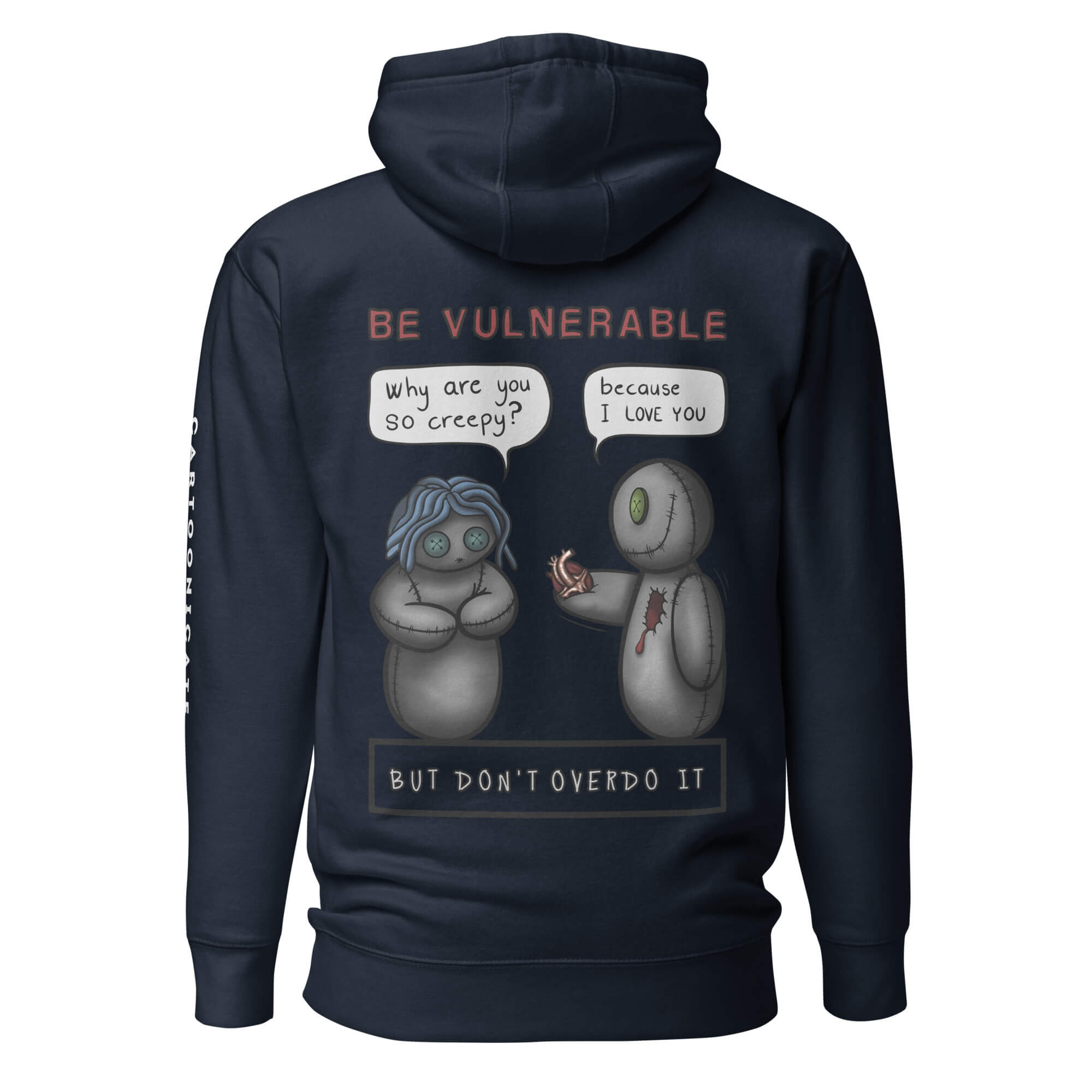 Marineblå hettegenser med morsom voodoo vits i cartoon stil