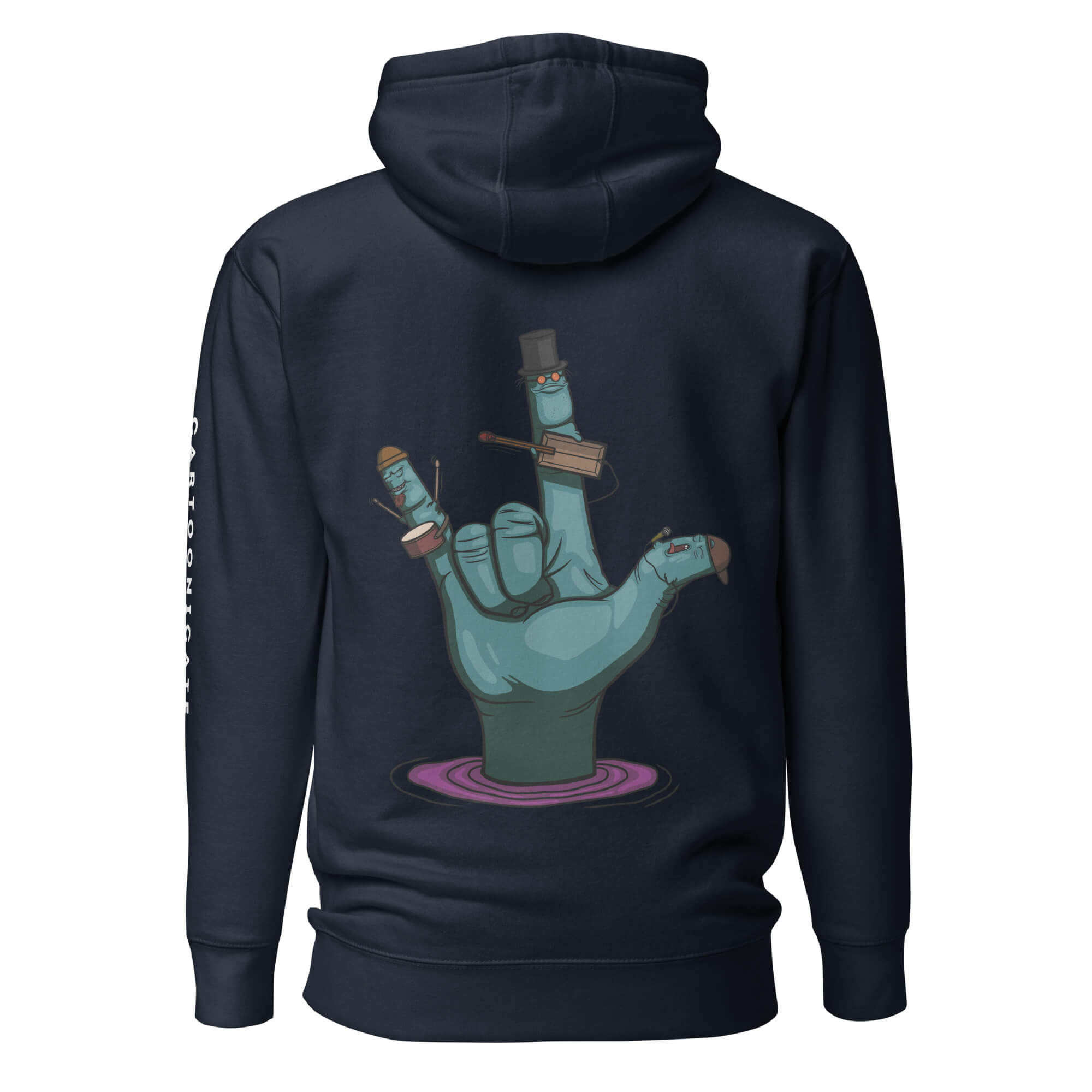 Marineblå hettegenser med tegning av en hånd i rock stil