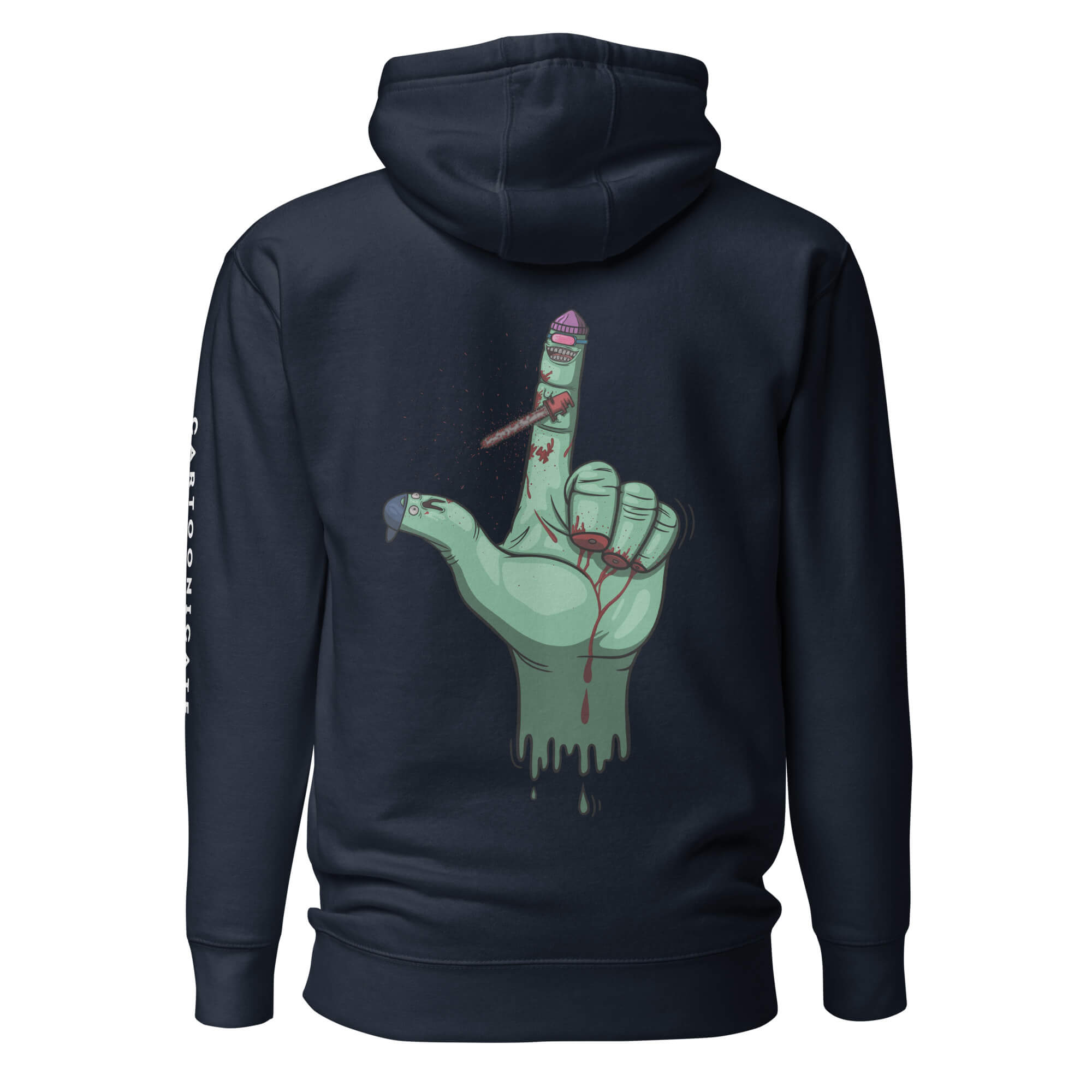 Marineblå hettegenser med håndtegnet turkis cartoon finger 