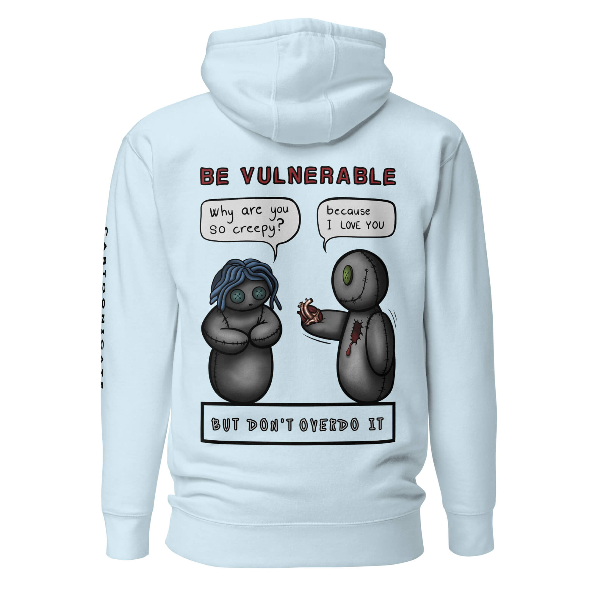 Lyseblå hettegenser med kjærlighetsdesign, voodoo dukker i cartoon stil