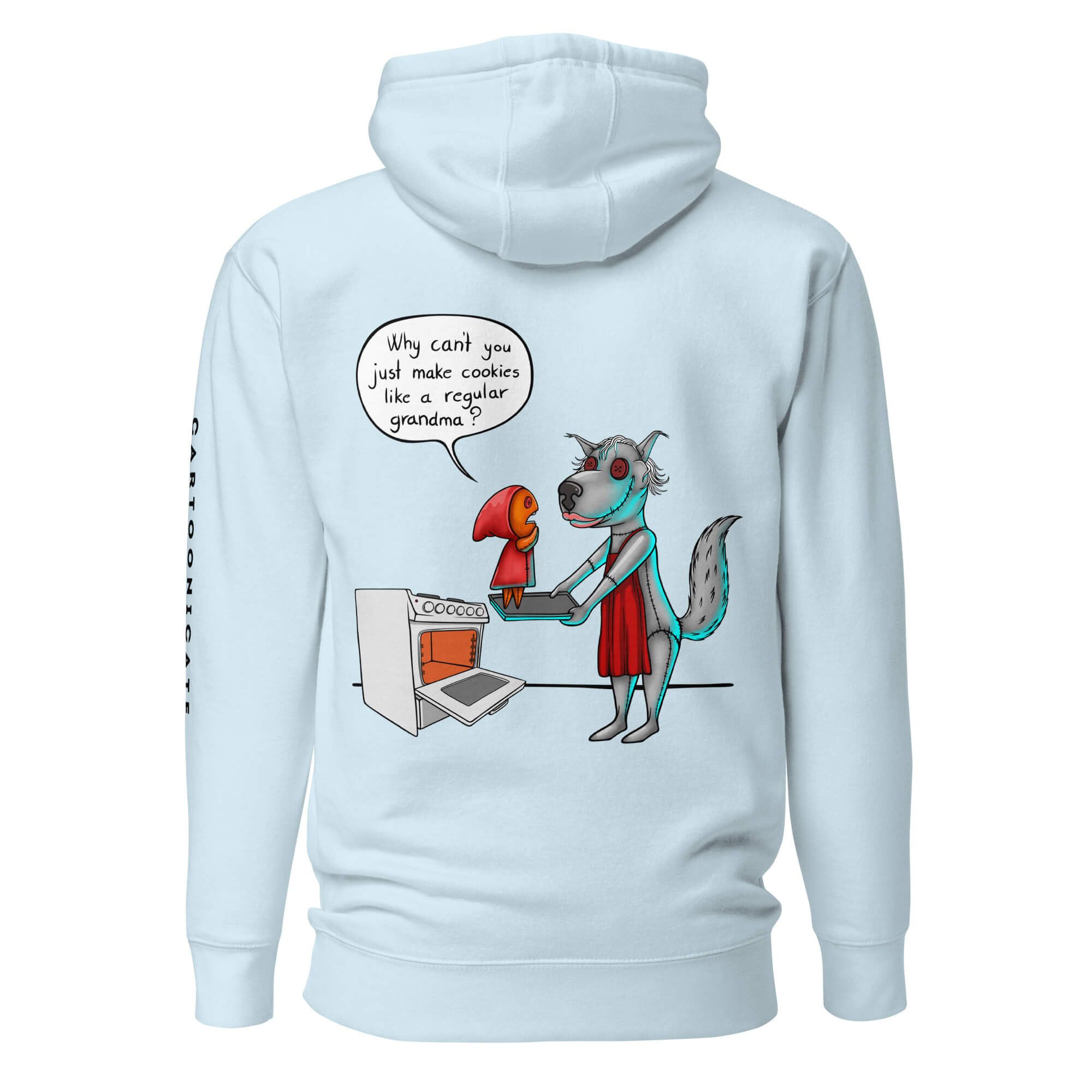 Lyseblå hettegenser med humor design av rødhette og ulven, håndtegnet