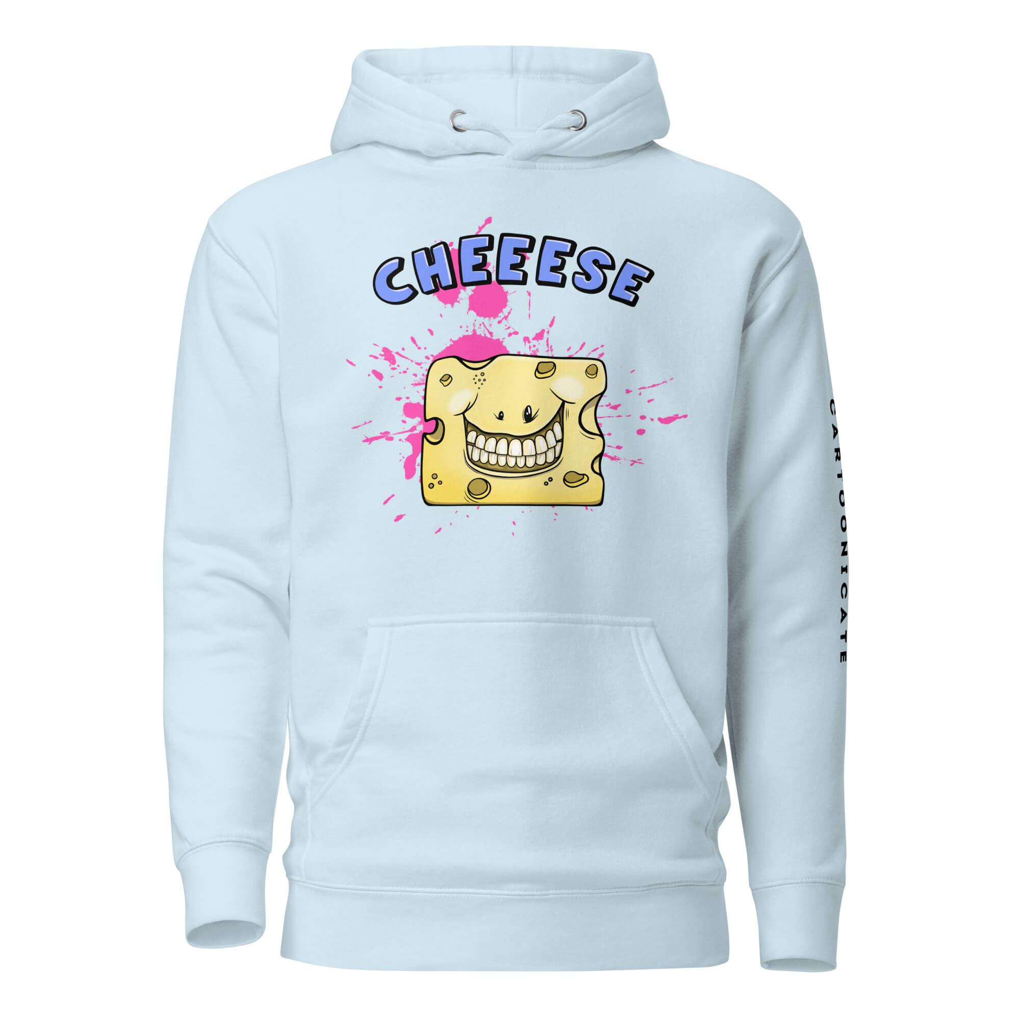 Blå hettegenser med cartoon tegning av en ost, cheese