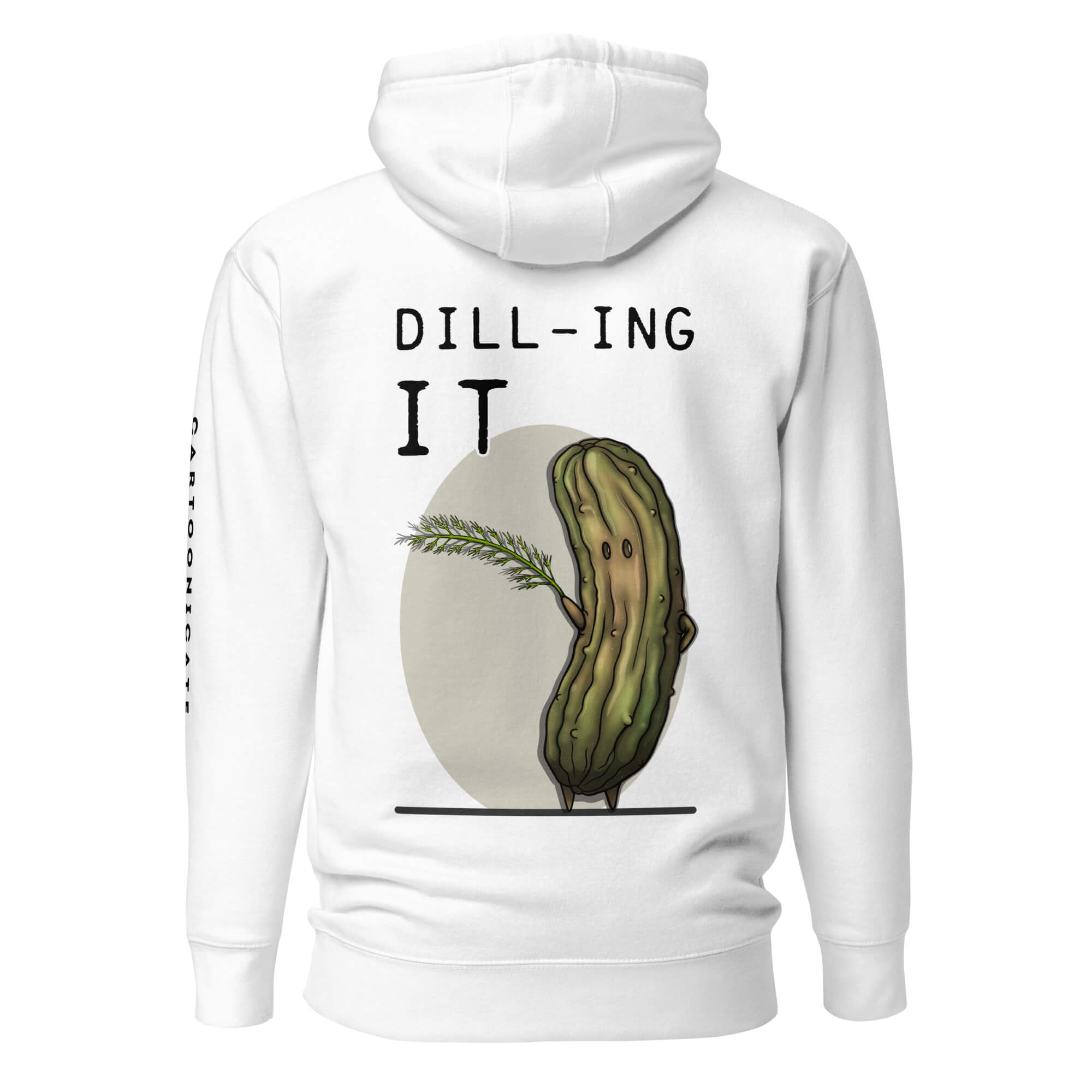 Hvit hettegenser med kul sylteagurk og dill, håndtegnet i cartoon stil