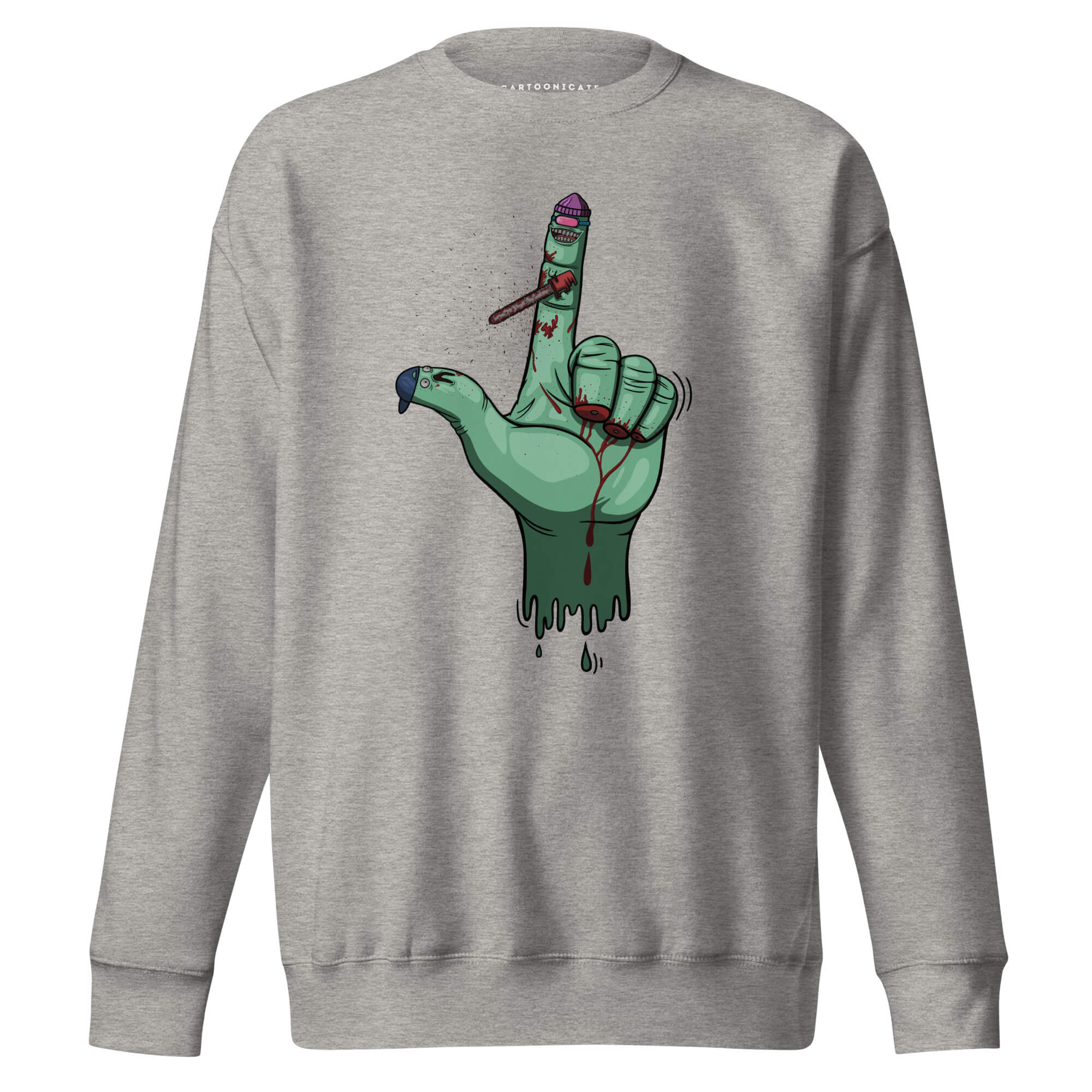 Grå genser med blodig finger i cartoonstil