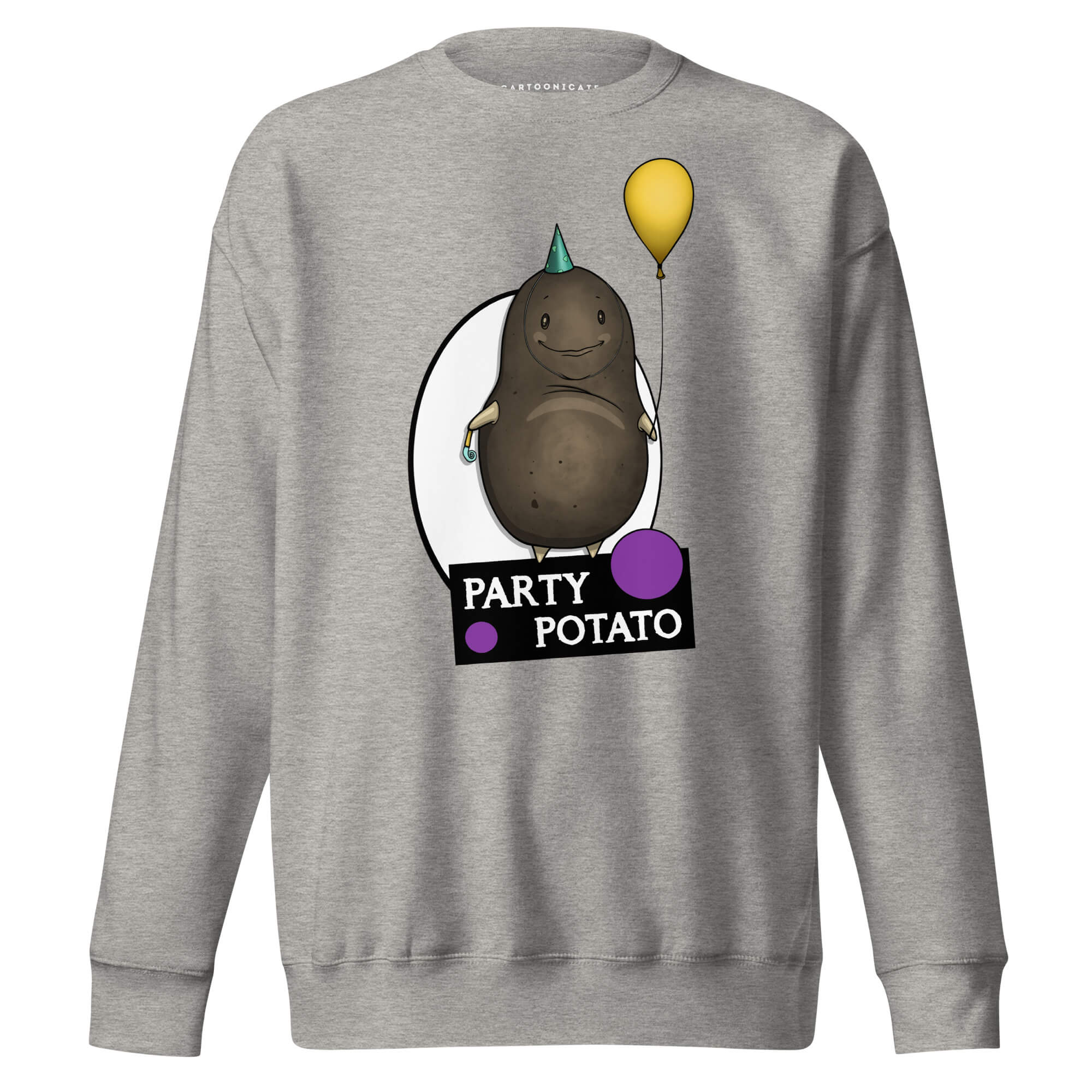 Grå genser med tegning av en party potet i cartoon stil
