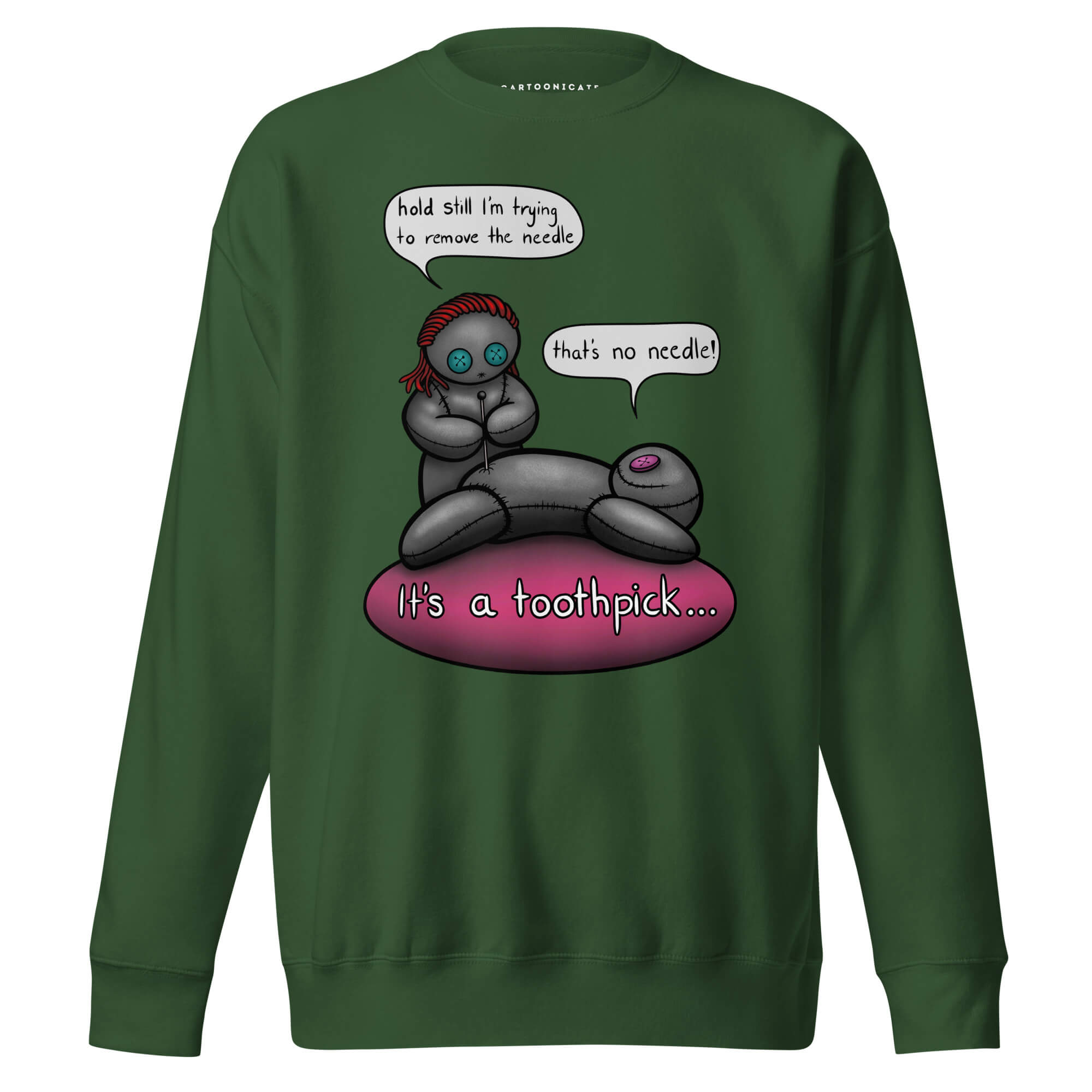 Håndtegnet voodoo design i cartoon stil på grønn genser