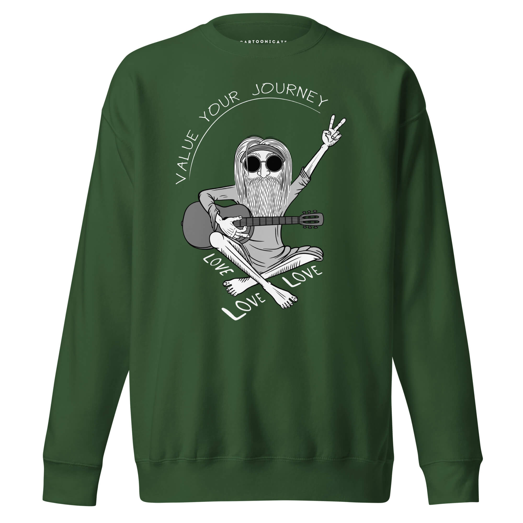 Grønn genser med hippie design i cartoon stil