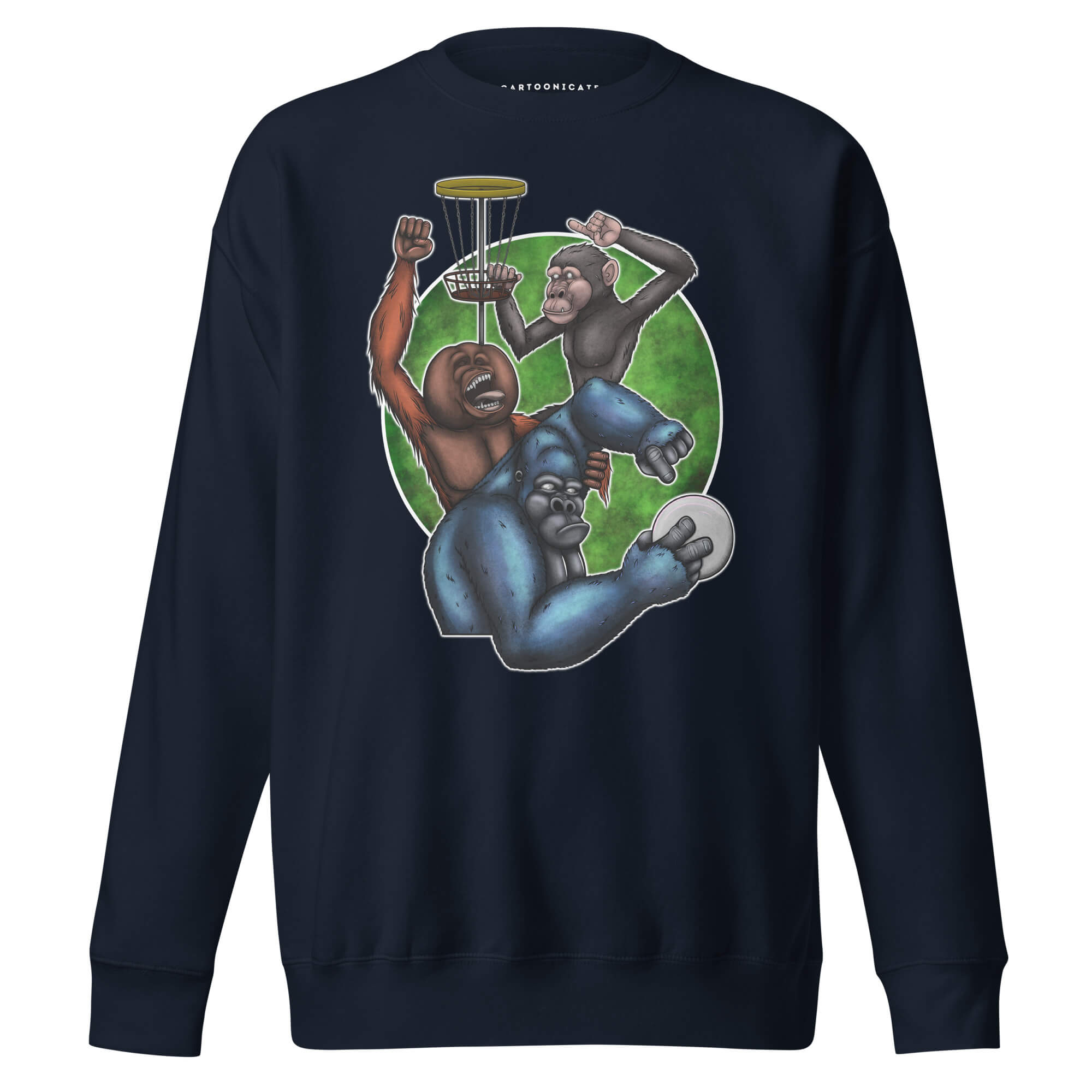 Marineblå genser med disc golf tegning i cartoon stil