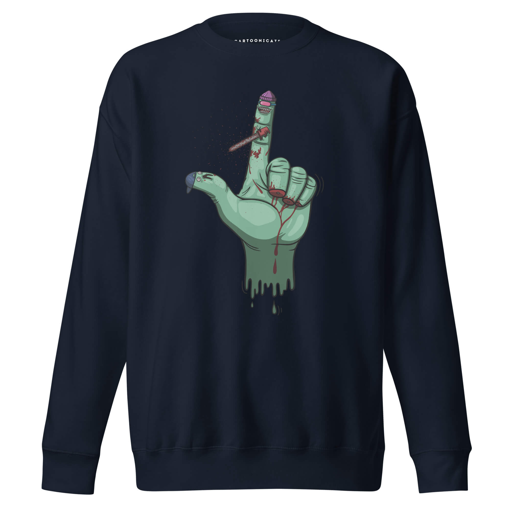 Marineblå genser med håndtegnet turkis cartoon finger 