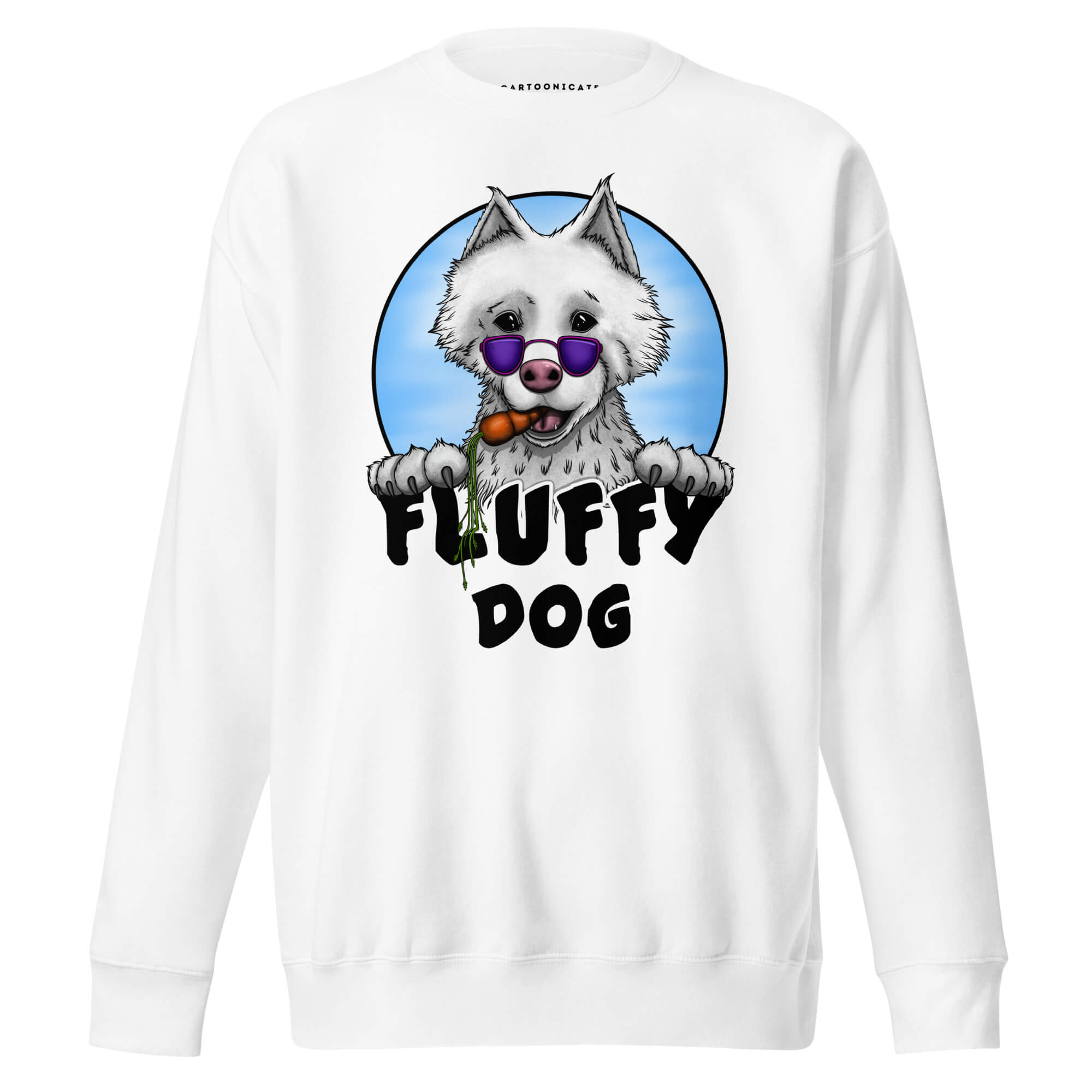 Hvit genser med tegning av søt hund, fluffy dog