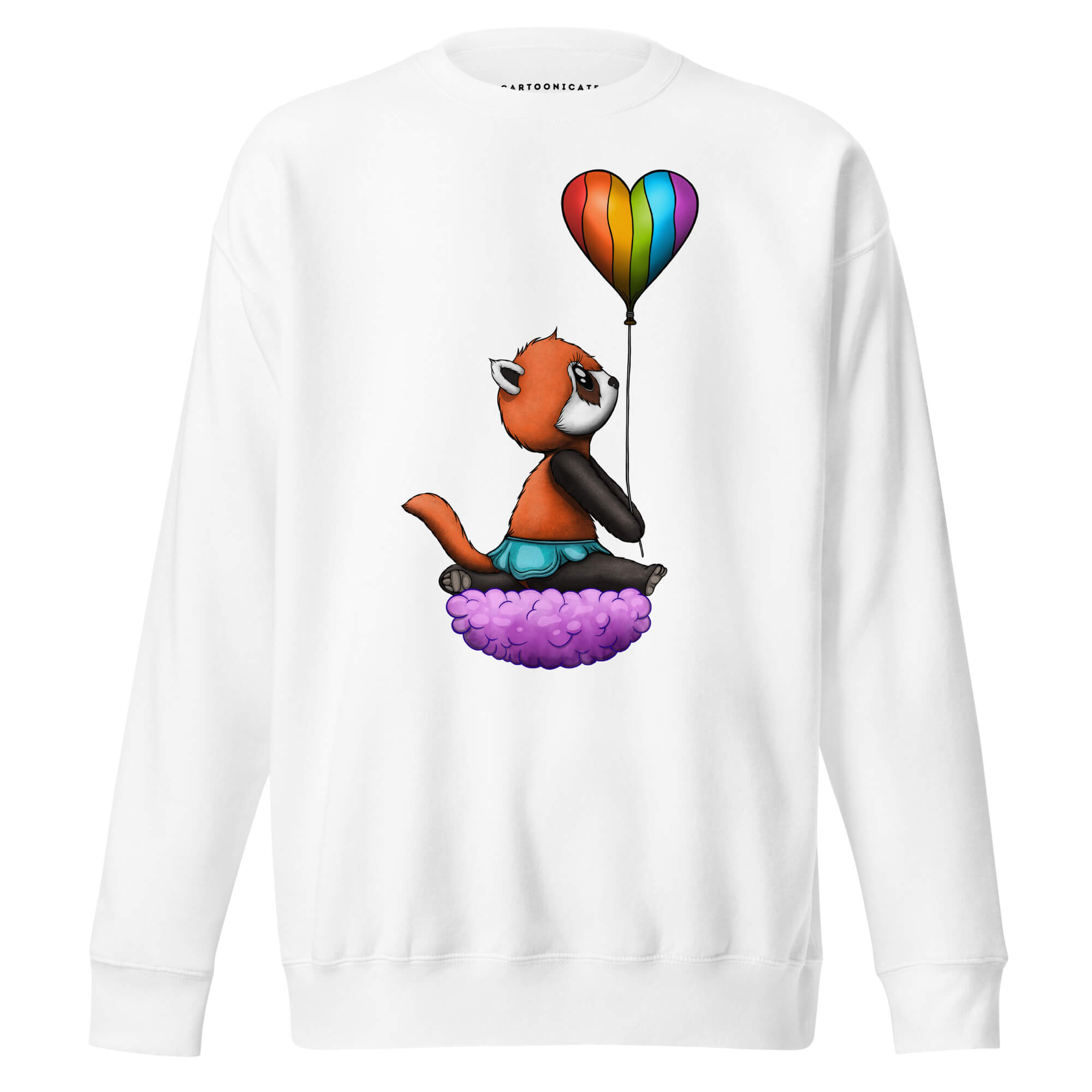 Hvit genser med håndtegnet rødpanda i cartoon stil og pride ballong