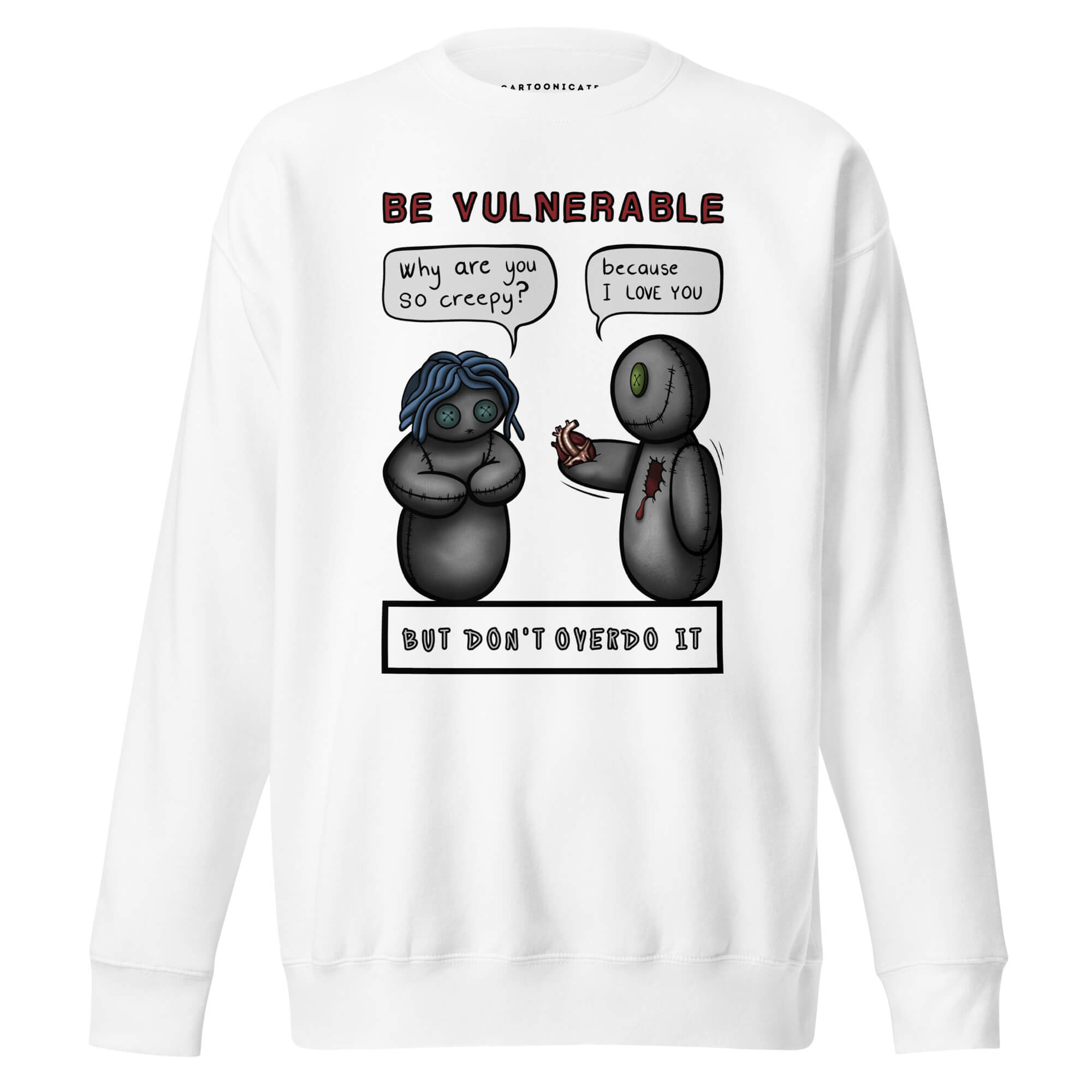 Hvit genser med kjærlighetsdesign, voodoo dukker i cartoon stil