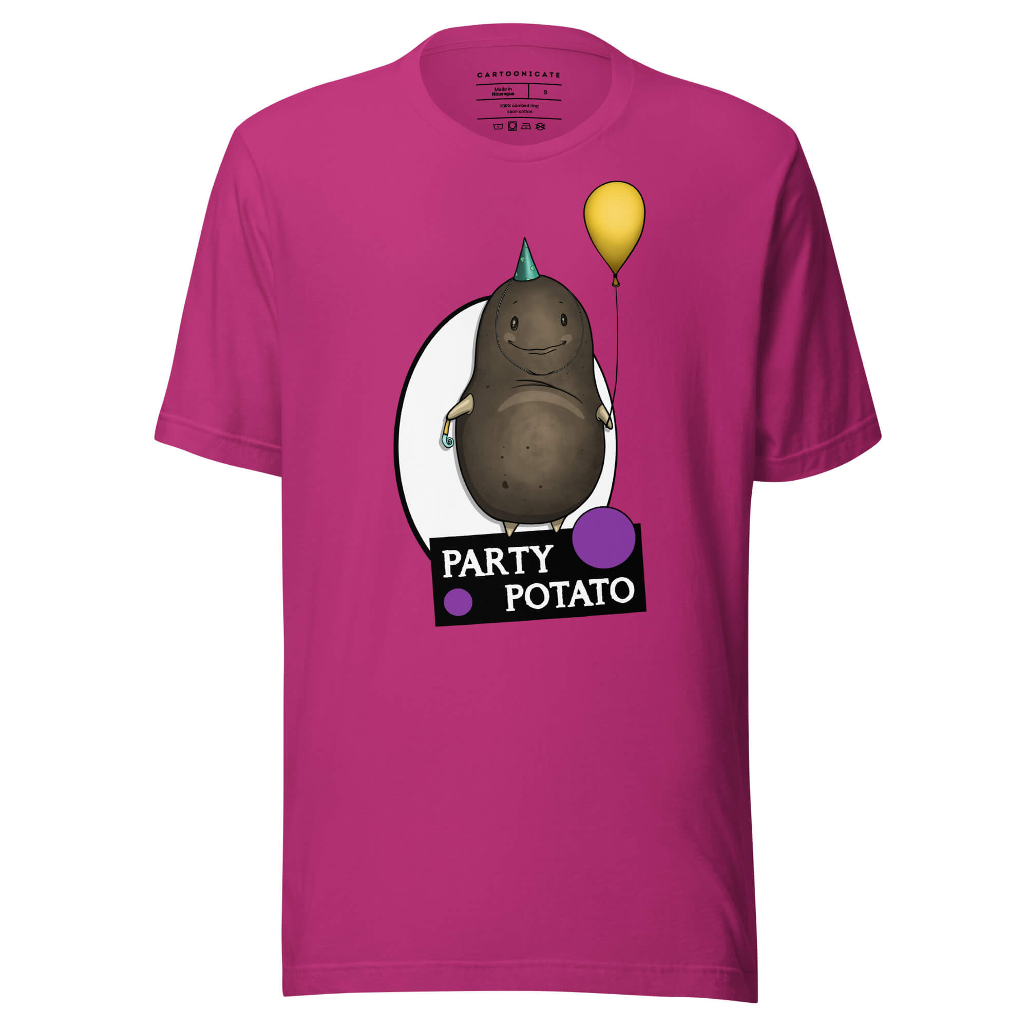 Rosa t-skjorte med tegning av en party potet i cartoon stil