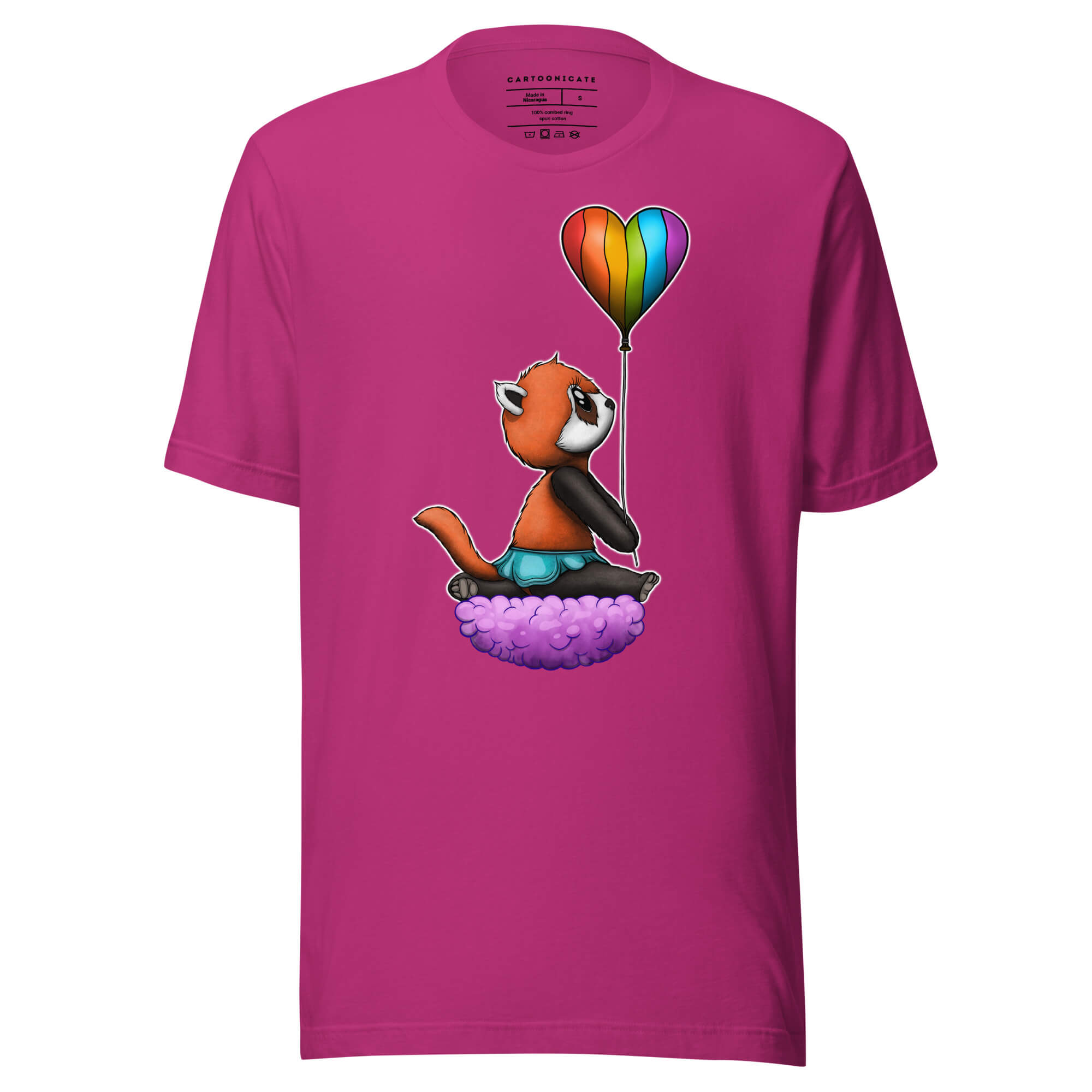 Rosa t-skjorte med en panda som holder en pride ballong
