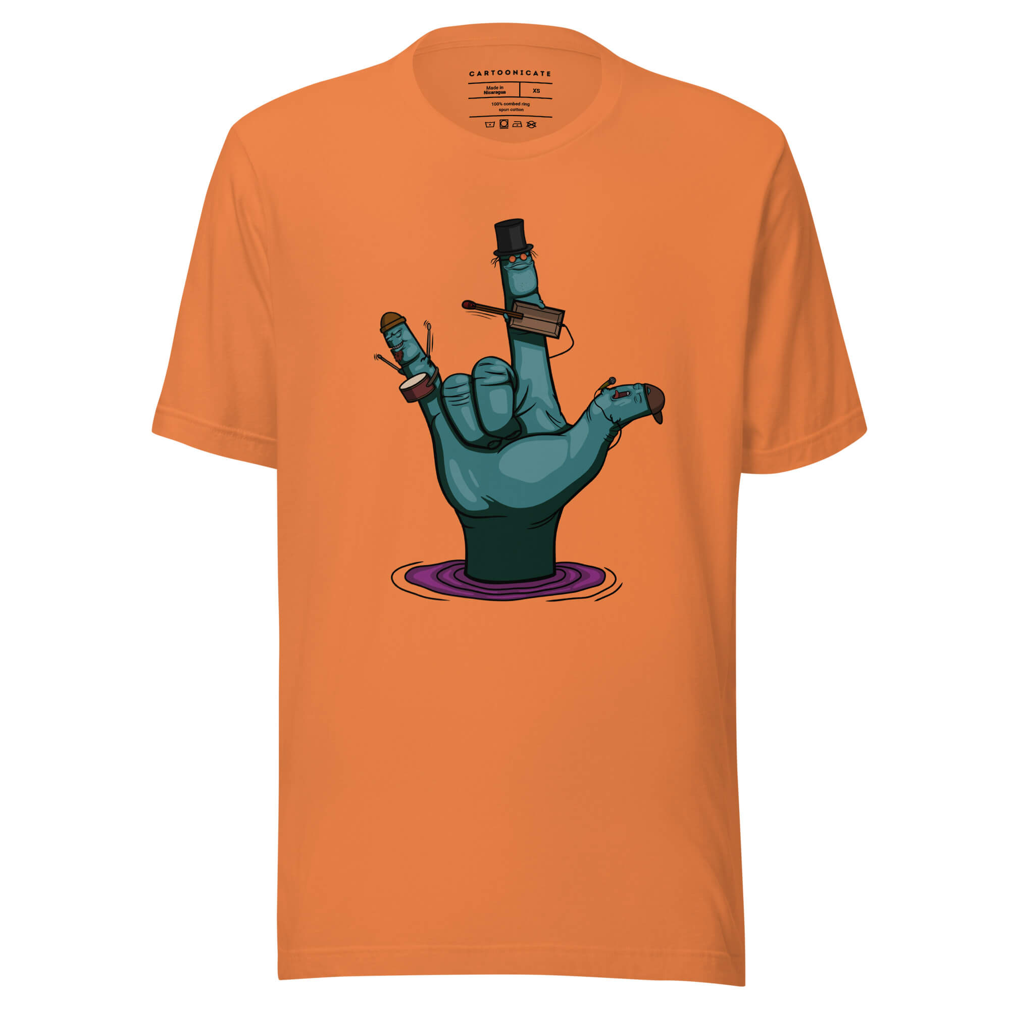 Oransje t-skjorte med tegning av en hånd i rock stil