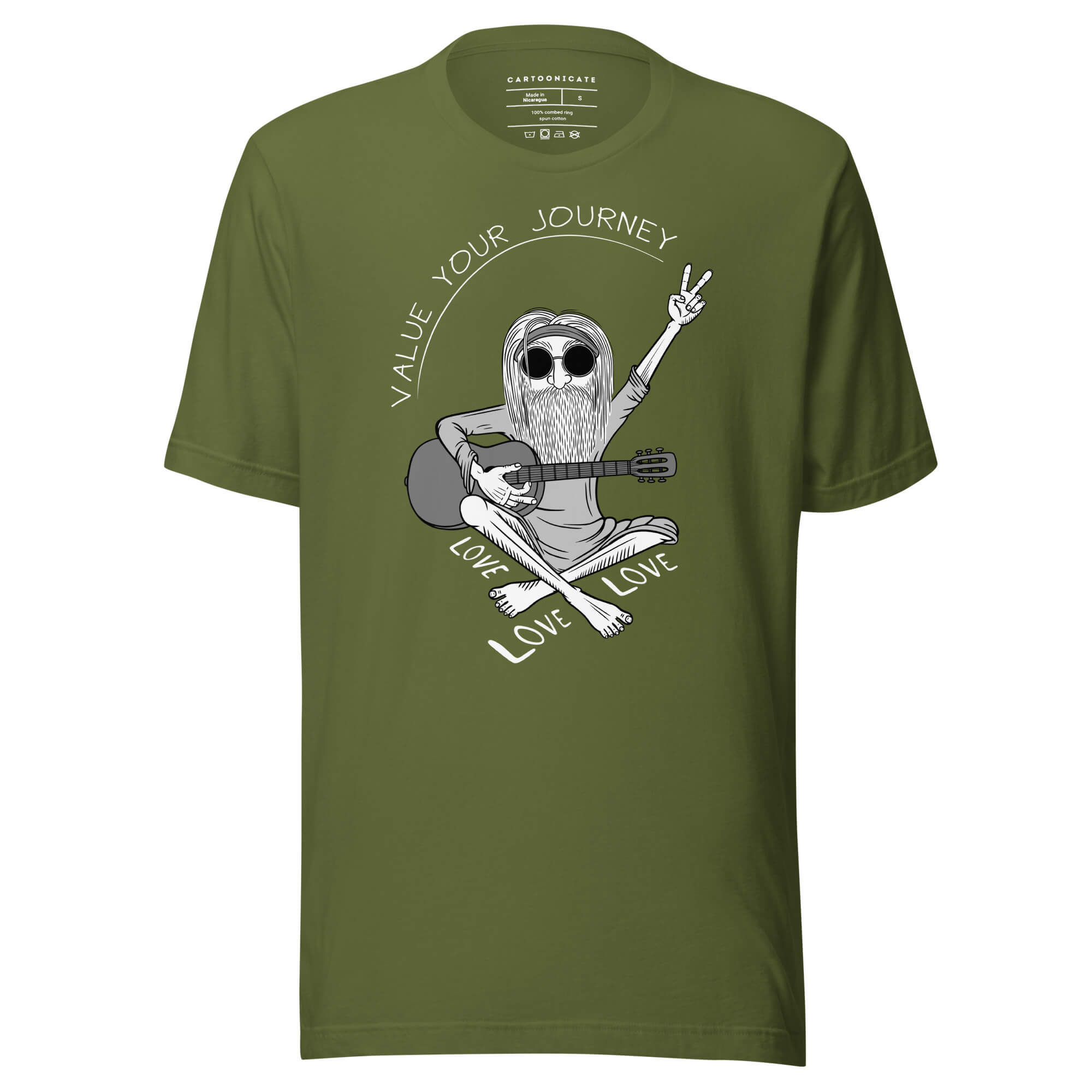 Grønn t-skjorte med hippie design i cartoon stil