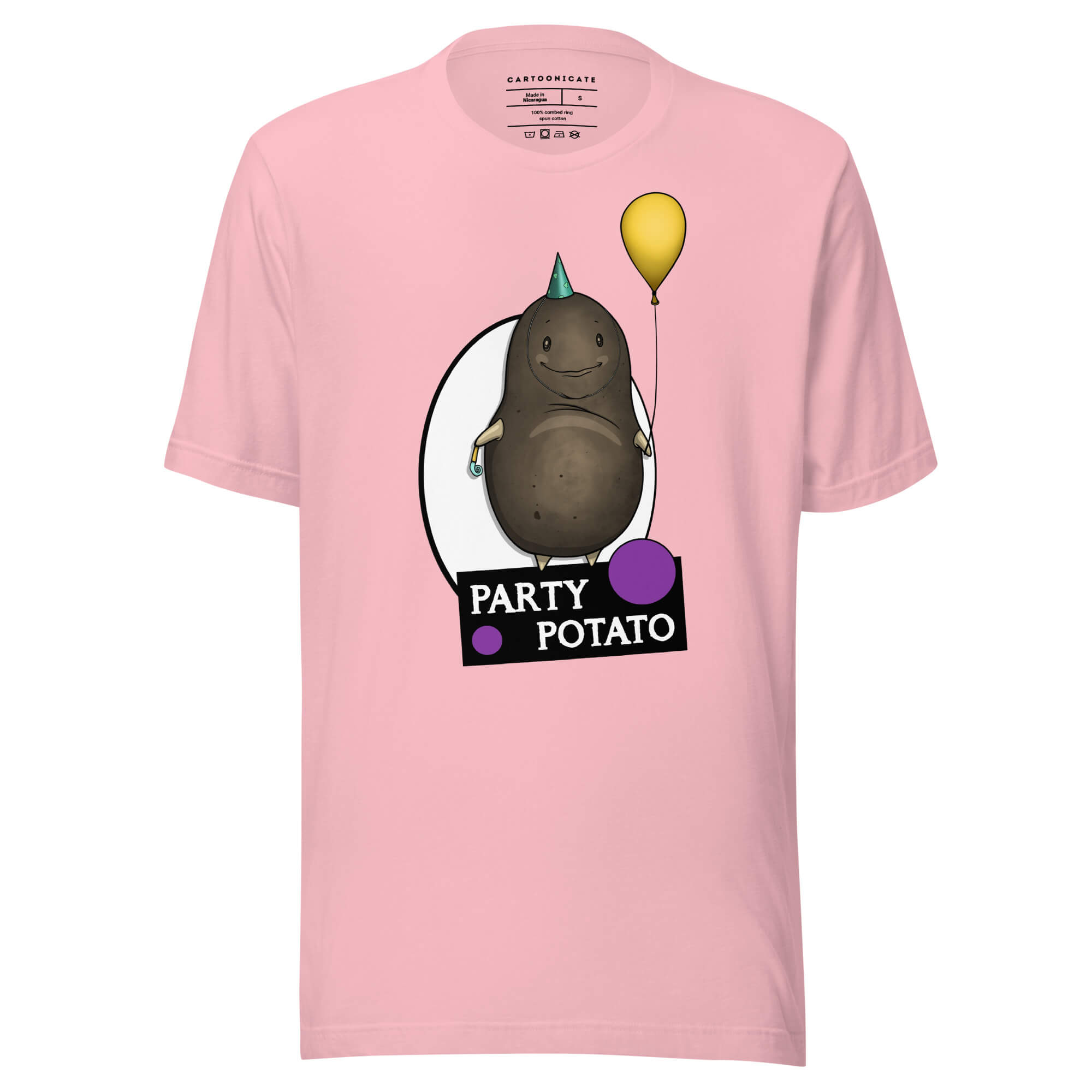 Rosa t-skjorte med tegning av en kul potet i cartoon stil
