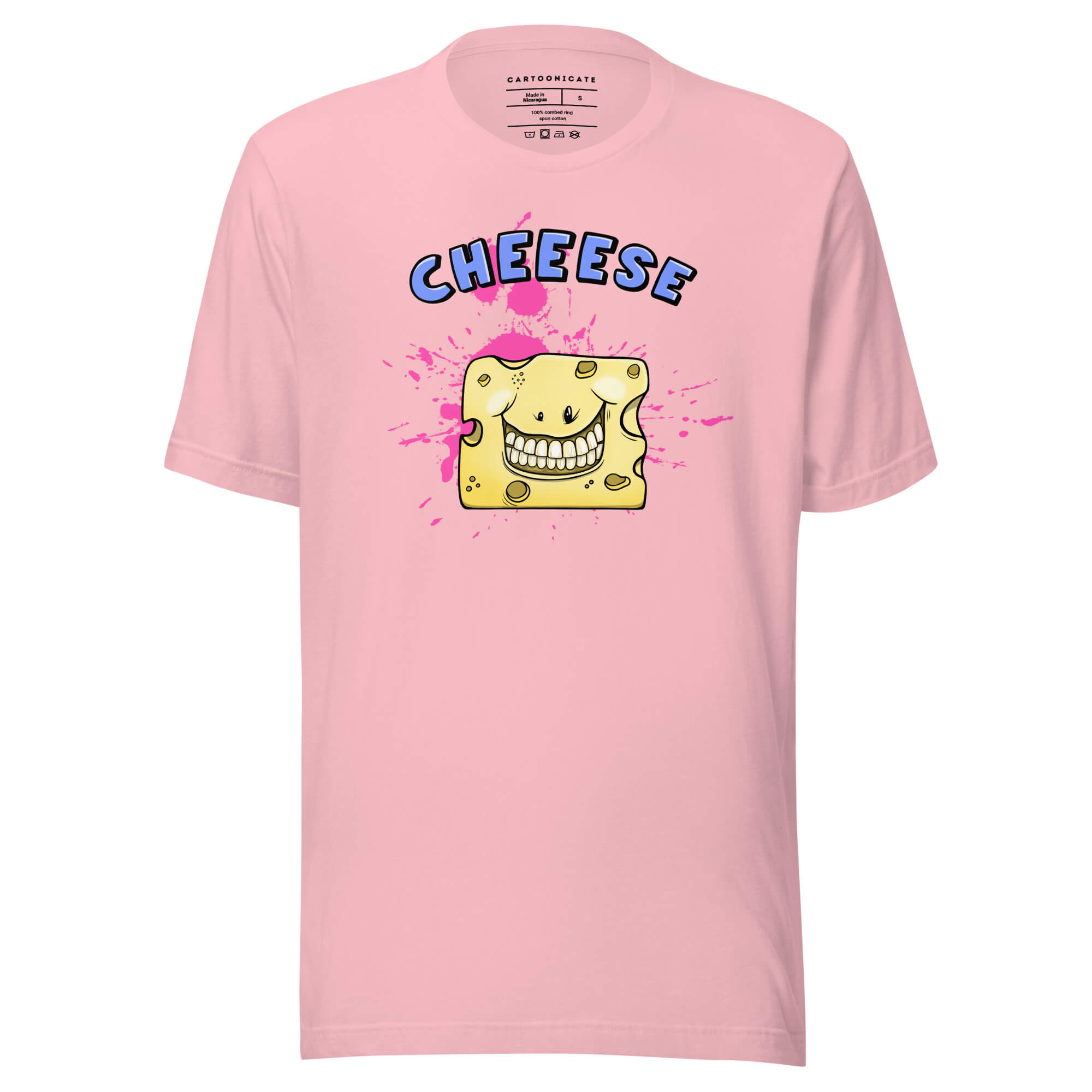 Kul tegning av en smilende ost på rosa t-skjorte
