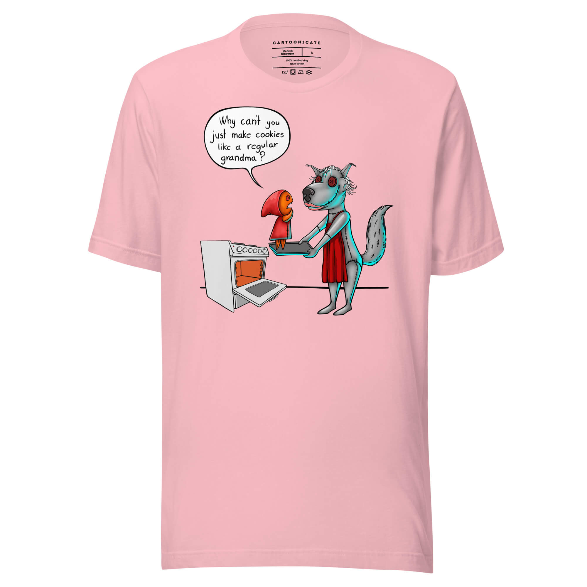 Lyserosa t-skjorte med humor design av rødhette og ulven, håndtegnet