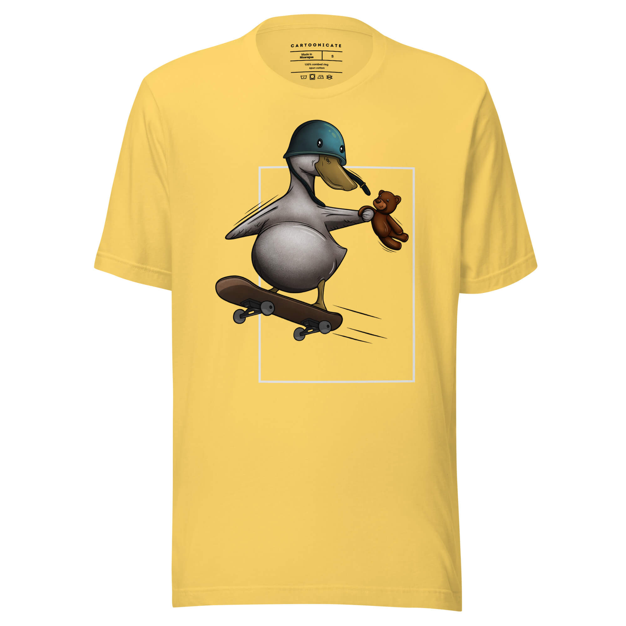 Gul t-skjorte med skater duck i cartoon stil